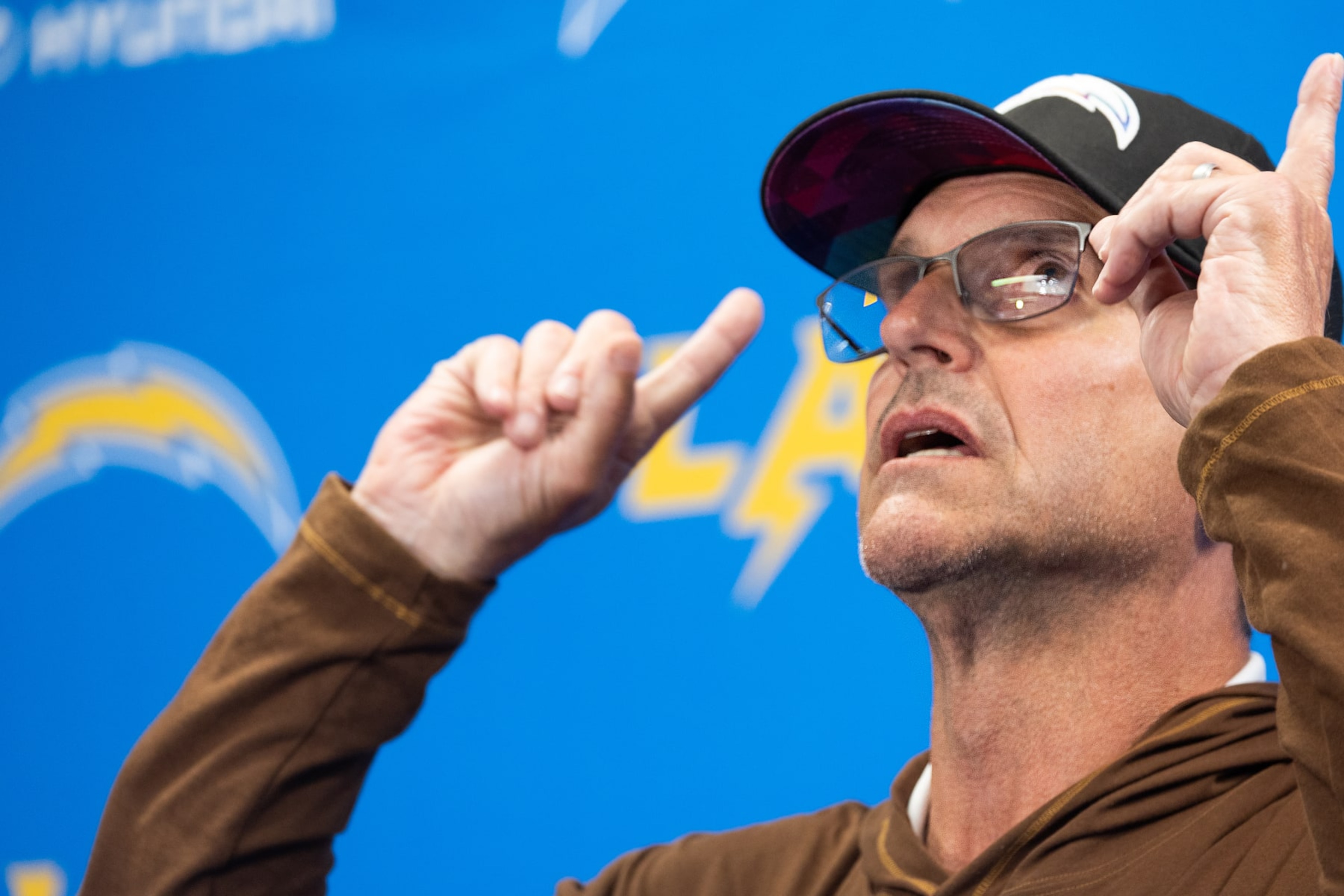 Costa Mesa, CA - June 13: Chargers Head Coach Jim Harbaugh speaks during a press conference at the Chargers mini camp at Hoag Performance Center in Costa Mesa Thursday, June 13, 2024. (Allen J. Schaben / Los Angeles Times via Getty Images)