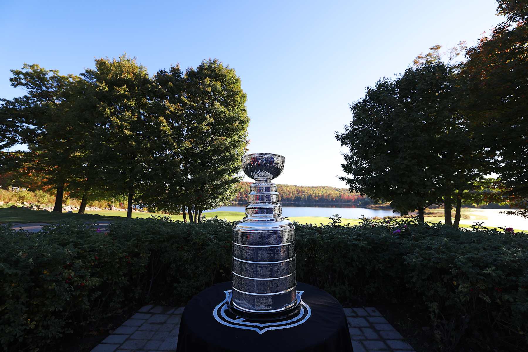ELLIOT LAKE, ONTARIO - SEP 27:  The Stanley Cup sits on display at the Stone Ridge Golf Course during Kraft Hockeyville 2024 on September 27, 2024 in Elliot Lake, Ontario, Canada. (Photo by Dave Sandford/NHLI via Getty Images)