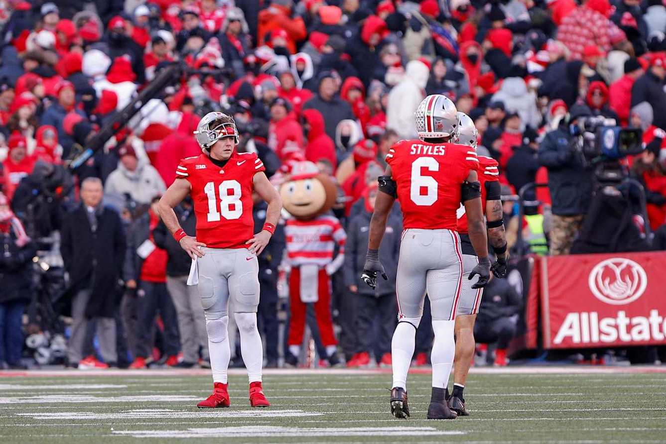COLUMBUS, OH - NOVEMBER 30: Ohio State Buckeyes quarterback Will Howard (18) stands on the field toward the end of the game against the Michigan Wolverines and the Ohio State Buckeyes on November 30, 2024, at Ohio Stadium in Columbus, OH. (Photo by Ian Johnson/Icon Sportswire via Getty Images)