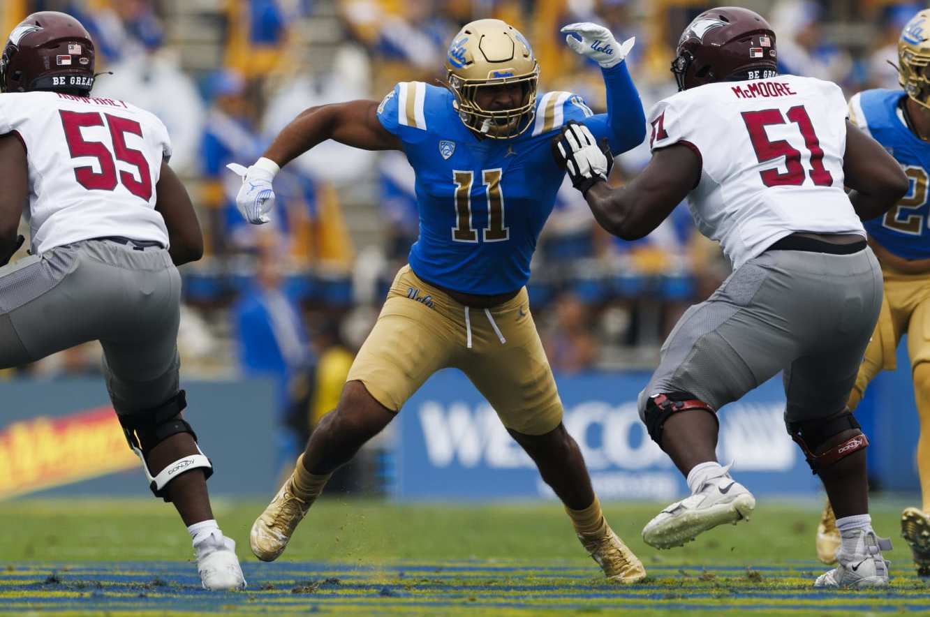PASADENA, CA - SEPTEMBER 16: UCLA Bruins defensive lineman Gabriel Murphy (11) rushes the edge during a college football game against North Carolina Central Eagles on September 16, 2023 at Rose Bowl Stadium in Pasadena, CA. (Photo by Ric Tapia/Icon Sportswire via Getty Images)