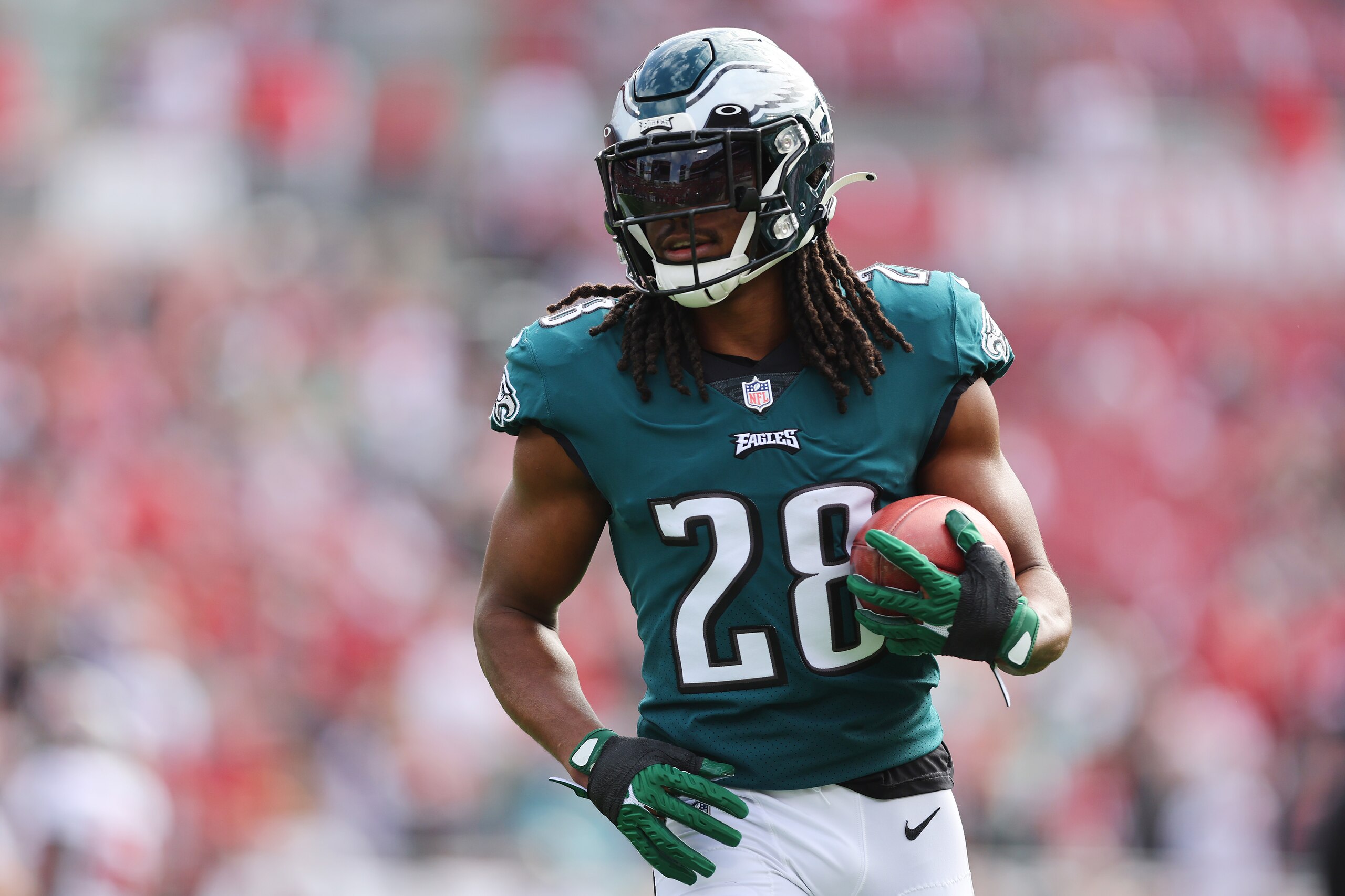 TAMPA, FLORIDA - JANUARY 16: Anthony Harris #28 of the Philadelphia Eagles warms up prior to the NFC Wild Card Playoff game against the Tampa Bay Buccaneers at Raymond James Stadium on January 16, 2022 in Tampa, Florida.  (Photo by Michael Reaves/Getty Images)