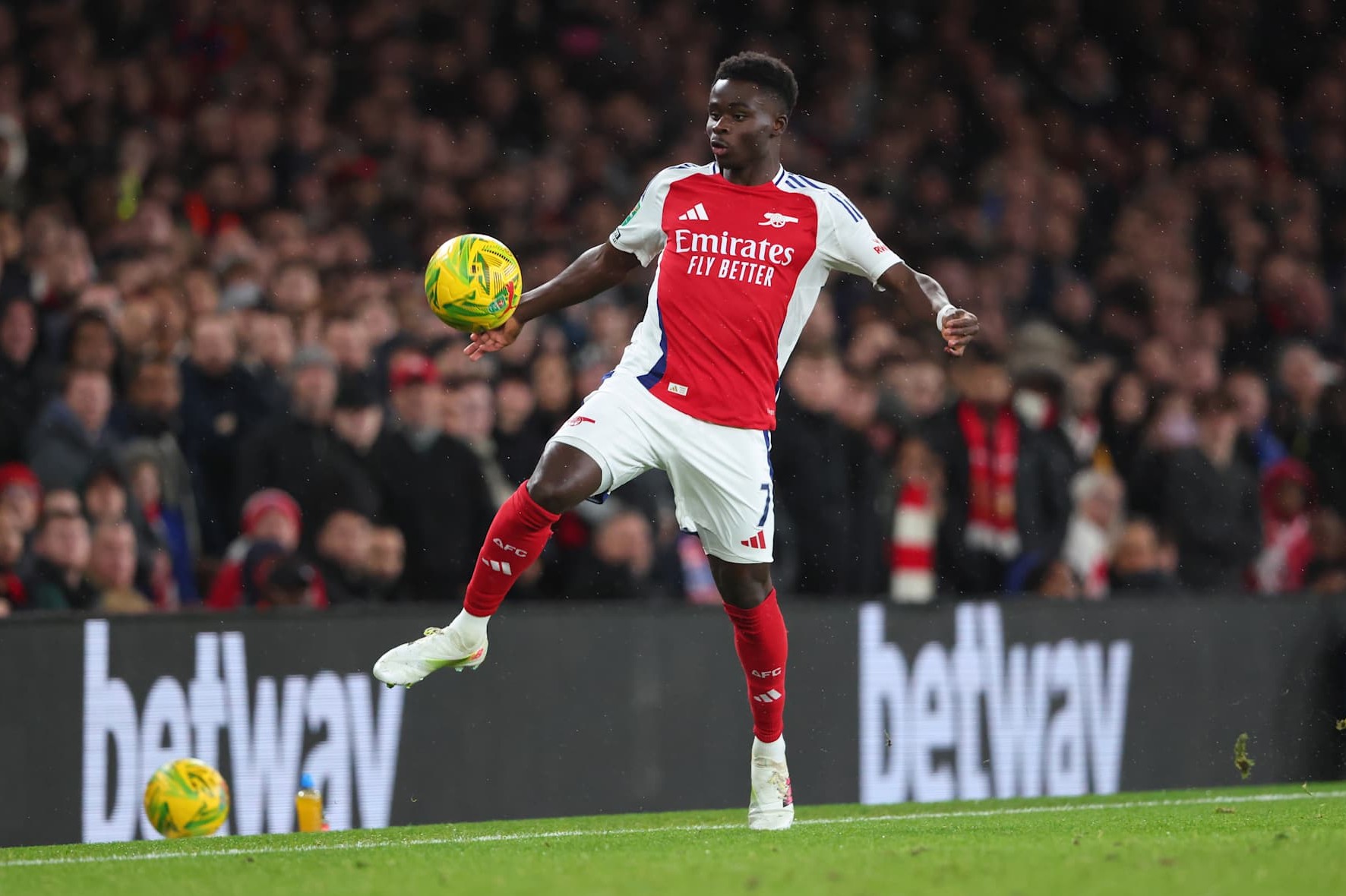 LONDON, ENGLAND - DECEMBER 18: Bukayo Saka of Arsenal during the Carabao Cup Quarter Final match between Arsenal and Crystal Palace at Emirates Stadium on December 18, 2024 in London, England. (Photo by Marc Atkins/Getty Images)