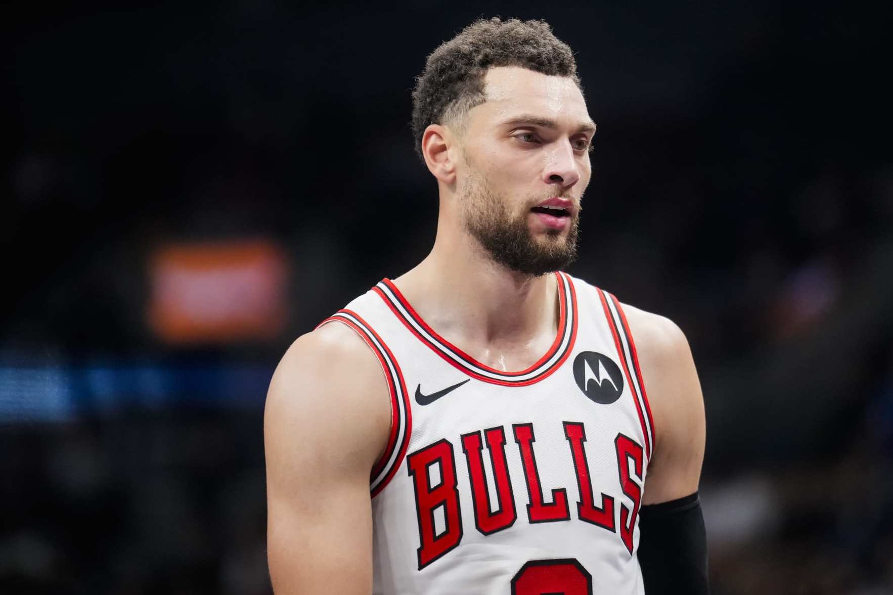 TORONTO, ON - NOVEMBER 24: Zach LaVine #8 of the Chicago Bulls looks on against the Toronto Raptors during the first half of their NBA In-Season Tournament game at the Scotiabank Arena on November 24, 2023 in Toronto, Ontario, Canada. NOTE TO USER: User expressly acknowledges and agrees that, by downloading and/or using this Photograph, user is consenting to the terms and conditions of the Getty Images License Agreement. (Photo by Mark Blinch/Getty Images)