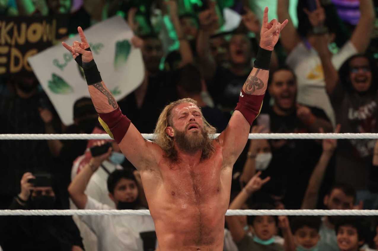 Edge celebrates after winning his match during the World Wrestling Entertainment (WWE) Crown Jewel pay-per-view in the Saudi capital Riyadh on October 21, 2021. (Photo by Fayez Nureldine / AFP) (Photo by FAYEZ NURELDINE/AFP via Getty Images)