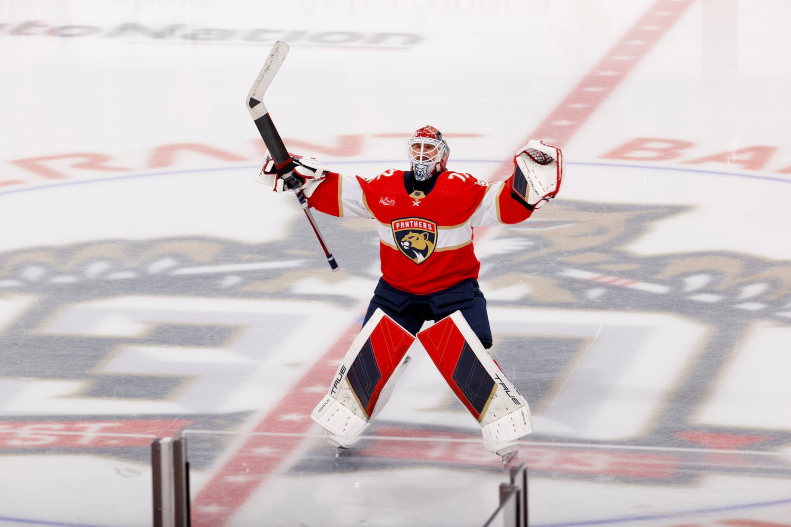 SUNRISE, FLORIDA - JUNE 01: Sergei Bobrovsky #72 of the Florida Panthers looks on before Game Six of the Eastern Conference Final of the 2024 Stanley Cup Playoffs against the New York Rangers at Amerant Bank Arena on June 01, 2024 in Sunrise, Florida. (Photo by Joel Auerbach/Getty Images)