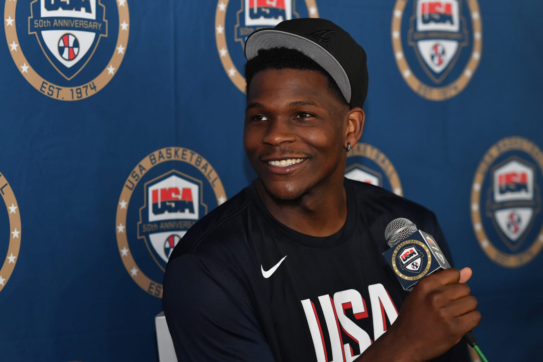 LAS VEGAS, NV - JULY 7: Anthony Edwards #5 of the USA Basketball Men's Team talks to the media during USAB Men's Training Camp in Las Vegas on July 7, 2024 in Las Vegas Nevada. NOTE TO USER: User expressly acknowledges and agrees that, by downloading and/or using this Photograph, user is consenting to the terms and conditions of the Getty Images License Agreement. Mandatory Copyright Notice: Copyright 2024 NBAE (Photo by Juan Ocampo/NBAE via Getty Images)