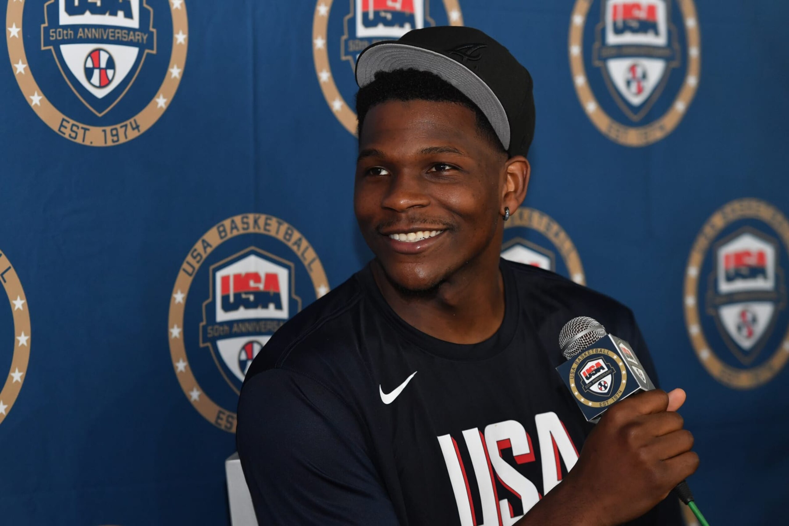 LAS VEGAS, NV - JULY 7: Anthony Edwards #5 of the USA Basketball Men's Team talks to the media during USAB Men's Training Camp in Las Vegas on July 7, 2024 in Las Vegas Nevada. NOTE TO USER: User expressly acknowledges and agrees that, by downloading and/or using this Photograph, user is consenting to the terms and conditions of the Getty Images License Agreement. Mandatory Copyright Notice: Copyright 2024 NBAE (Photo by Juan Ocampo/NBAE via Getty Images)
