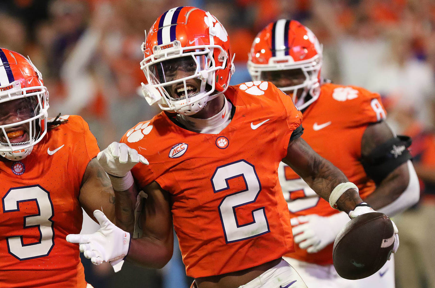 CLEMSON, SC - NOVEMBER 18: Clemson Tigers corner back Nate Wiggins (2) celebrates an interception during a college football game between the North Carolina Tar Heels and the Clemson Tigers on November 18, 2023 at Clemson Memorial Stadium in Clemson, S.C.  (Photo by John Byrum/Icon Sportswire via Getty Images)