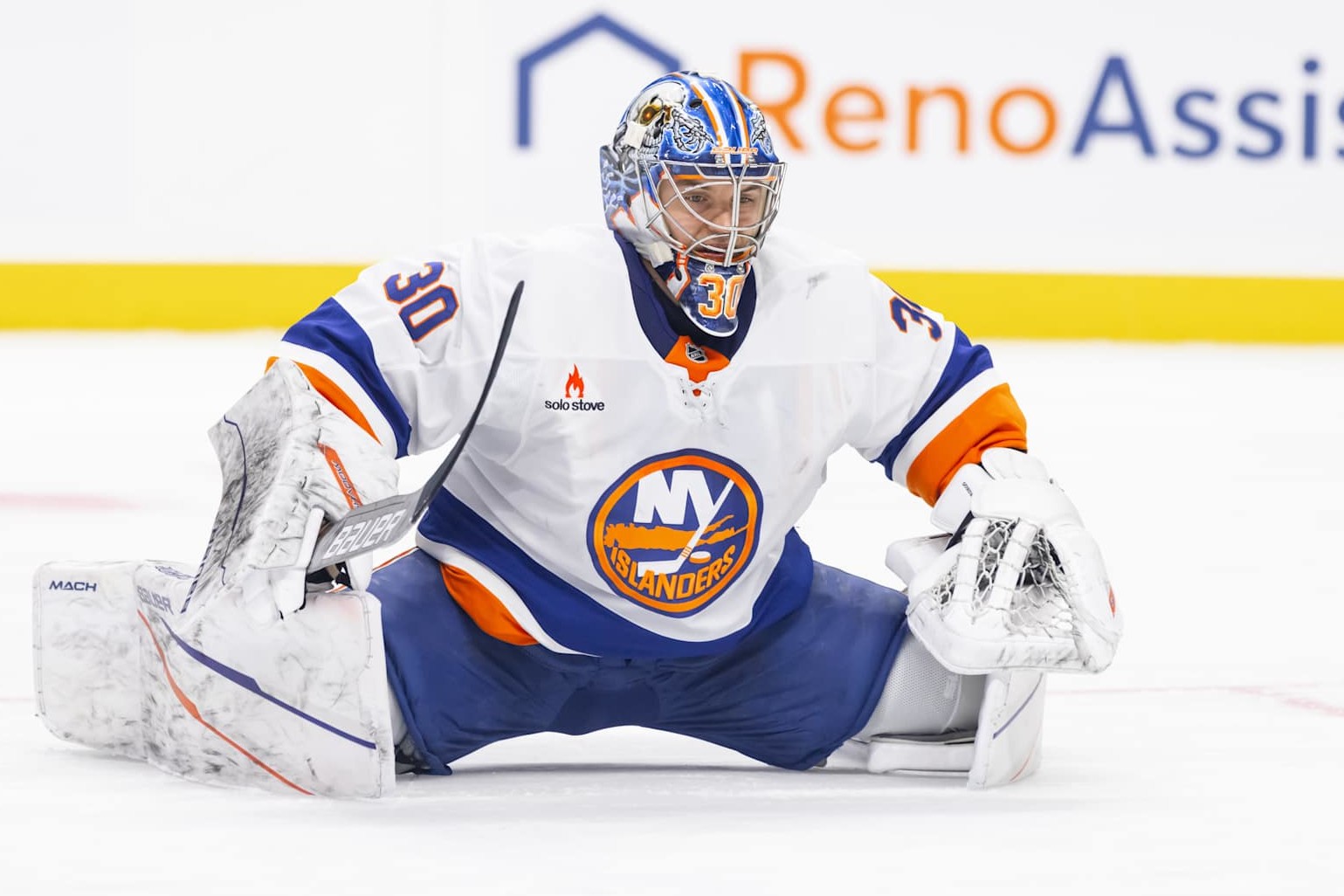 OTTAWA, ON - DECEMBER 08: New York Islanders Goalie Ilya Sorokin (30) stretches while there is a TV timeout during first period National Hockey League action between the New York Islanders and Ottawa Senators on December 8, 2024, at Canadian Tire Centre in Ottawa, ON, Canada. (Photo by Richard A. Whittaker/Icon Sportswire via Getty Images)