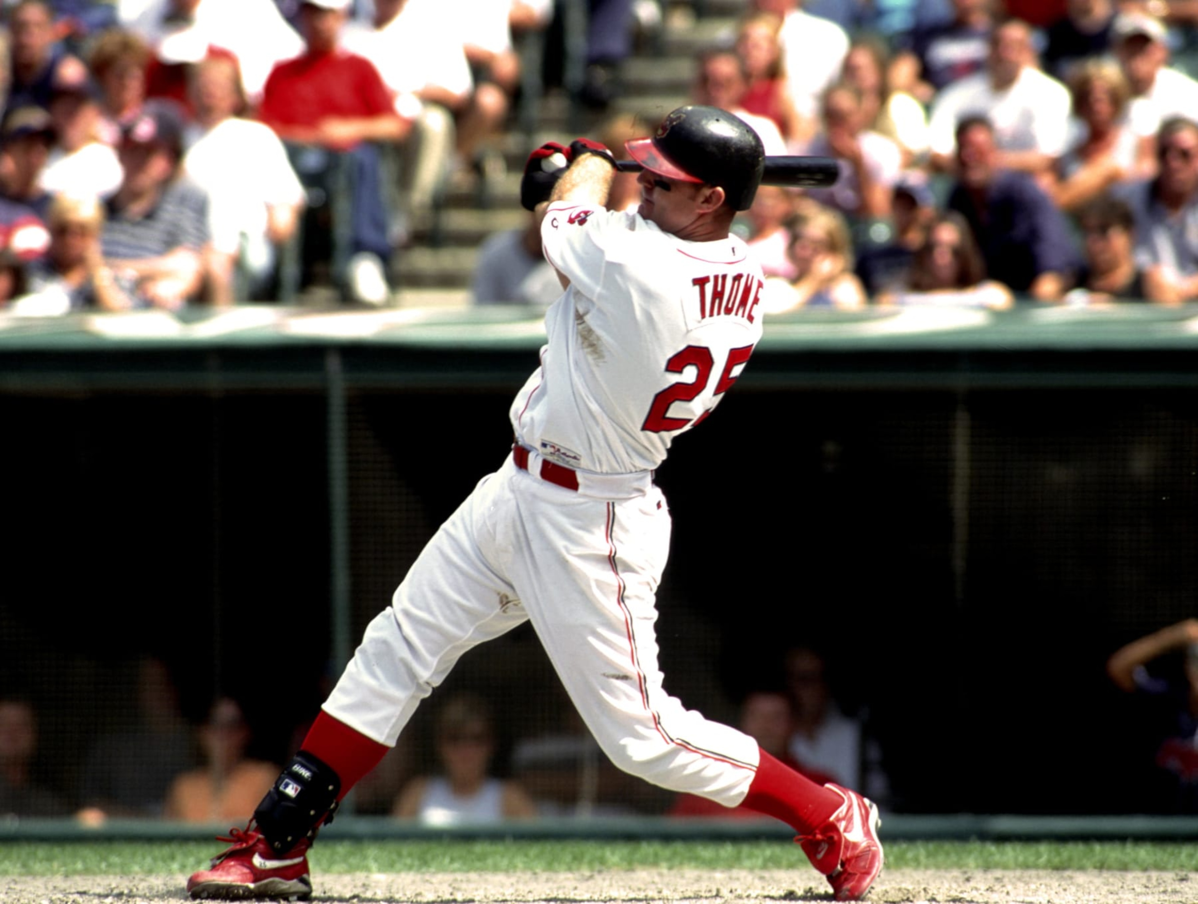 CLEVELAND, OH - AUGUST 2001: Jim Thome #25 of the Cleveland Indians batting during a MLB game against the Anaheim Angels on August 19, 2001 in Cleveland, Ohio. (Photo by Ronald C. Modra/Getty Images)