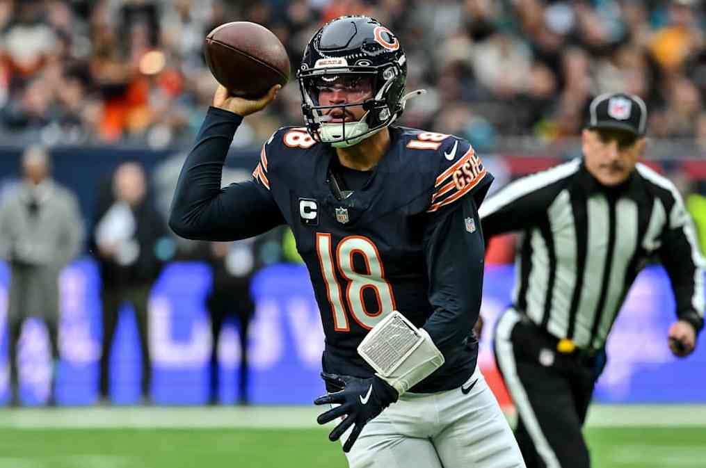 London, United Kingdom - October 13: Caleb Williams of Chicago Bears controls the ball during the NFL match between Jacksonville Jaguars and Chicago Bears at Tottenham Hotspur Stadium on October 13, 2024 in London, England. (Photo by Vince Mignott/DeFodi Images via Getty Images)