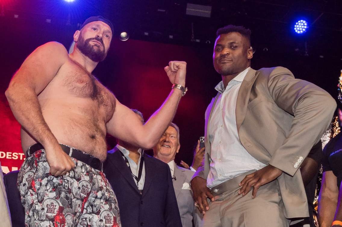 LONDON, UNITED KINGDOM - SEPTEMBER 07: Tyson Fury and Francis Ngannou face off during a kick-off press conference at the Here at Outernet in London, United Kingdom on September 07, 2023. Fury and Ngannou will take part in a 10-round boxing match on Saturday, October 28th in Riyadh, Saudi Arabia, which will mark the opening of this year's Riyadh Season. (Photo by Wiktor Szymanowicz/Anadolu Agency via Getty Images)
