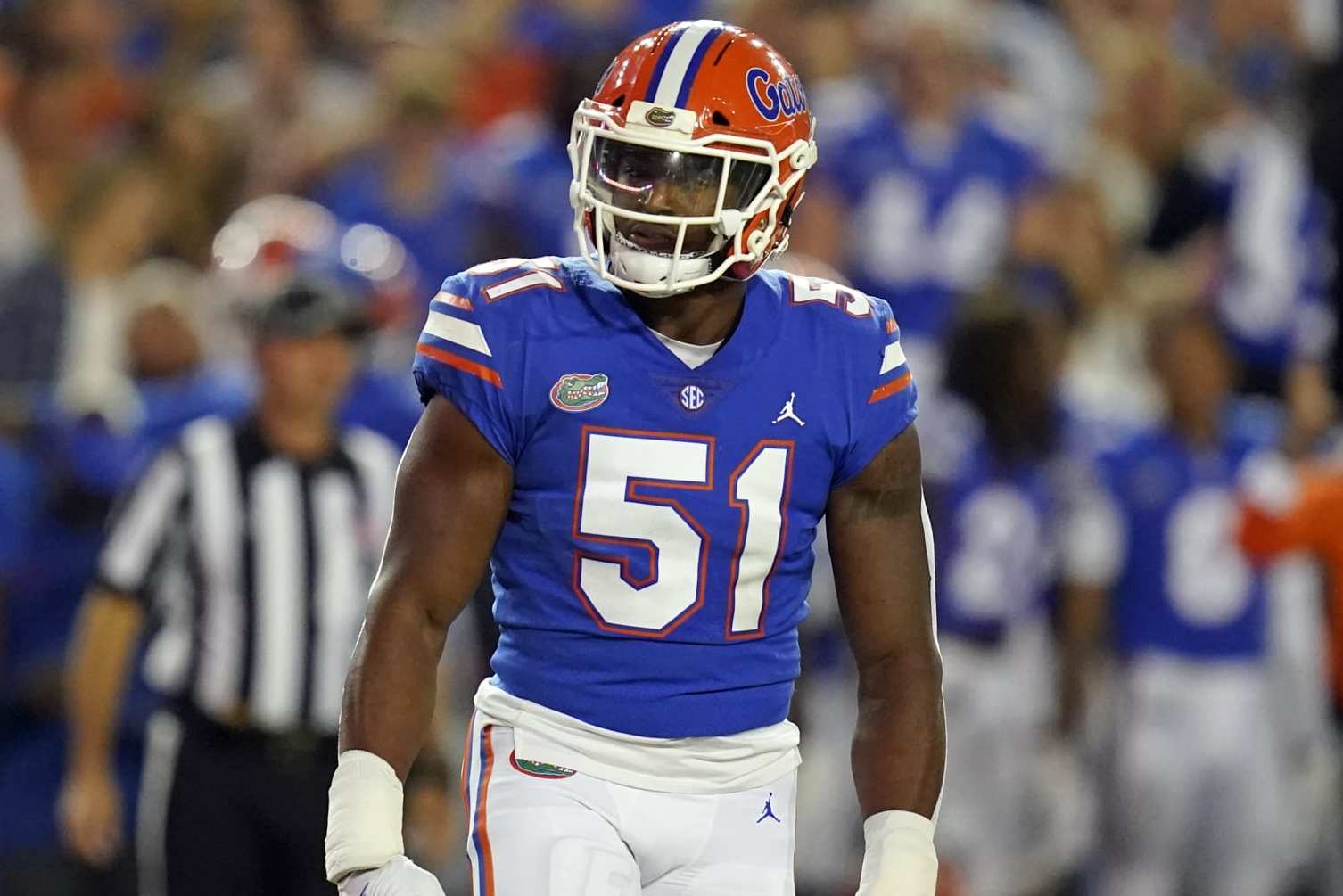 Florida linebacker Ventrell Miller (51) walks back after a play against LSU during the first half of an NCAA college football game, Saturday, Oct. 15, 2022, in Gainesville, Fla. (AP Photo/John Raoux)