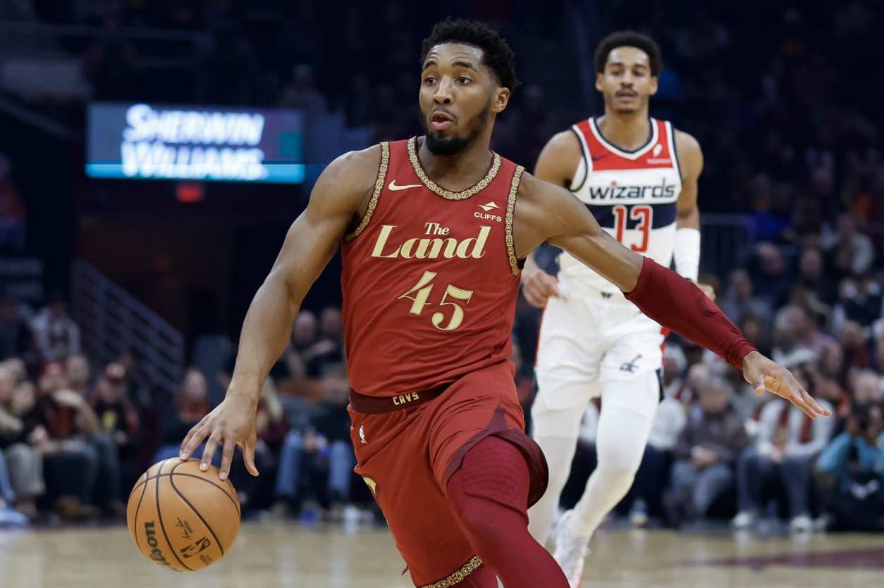 CLEVELAND, OH - JANUARY 03: Donovan Mitchell #45 of the Cleveland Cavaliers plays against the Washington Wizards during the first half at Rocket Mortgage Fieldhouse on January 03, 2024 in Cleveland, Ohio. NOTE TO USER: User expressly acknowledges and agrees that, by downloading and or using this photograph, User is consenting to the terms and conditions of the Getty Images License Agreement. (Photo by Ron Schwane/Getty Images)