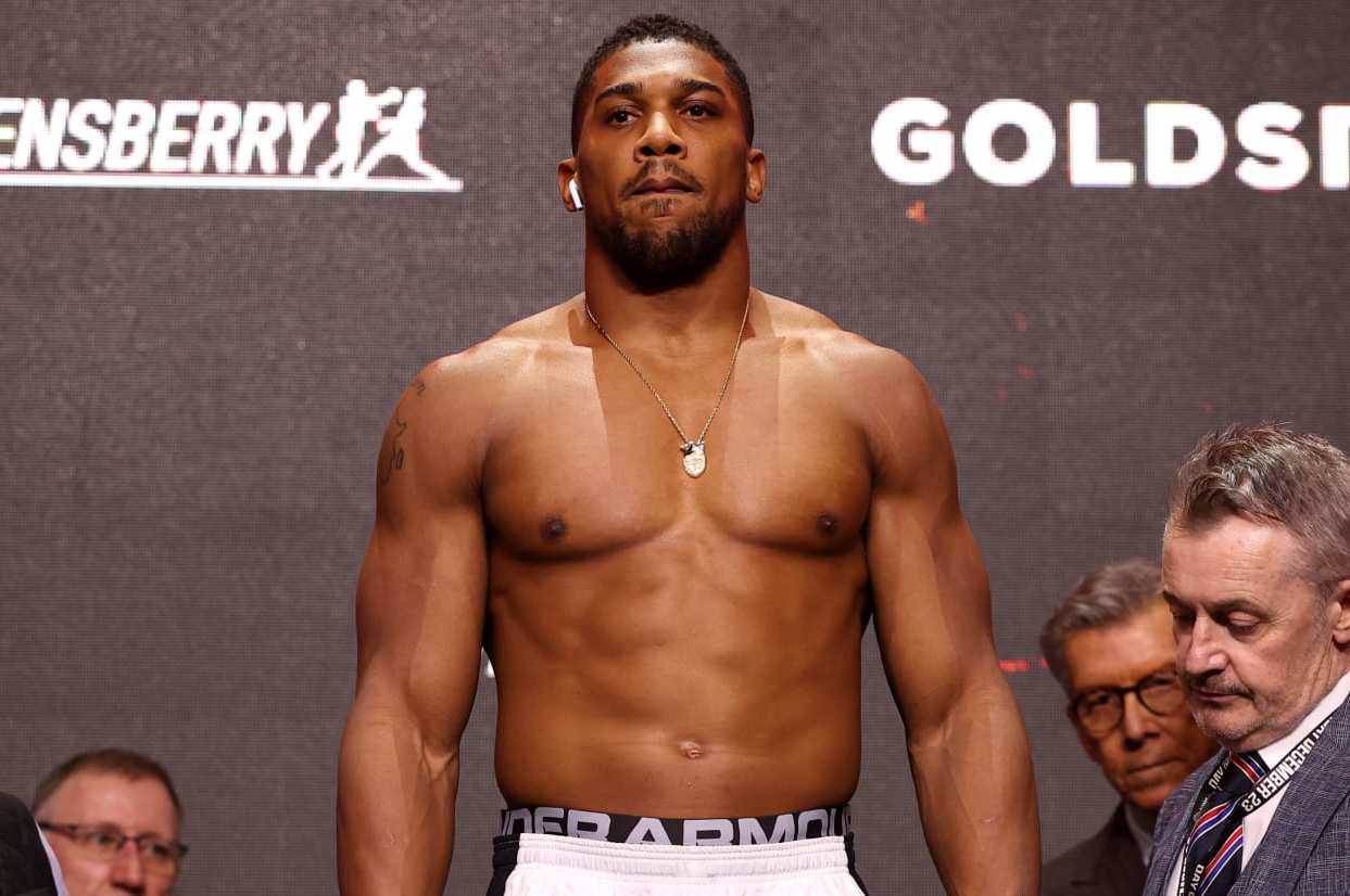 RIYADH, SAUDI ARABIA - DECEMBER 22: Anthony Joshua weighs in ahead of the Heavyweight fight between Anthony Joshua and Otto Wallin during the Day of Reckoning: Weigh-In on December 22, 2023 in Riyadh, Saudi Arabia. (Photo by Richard Pelham/Getty Images)