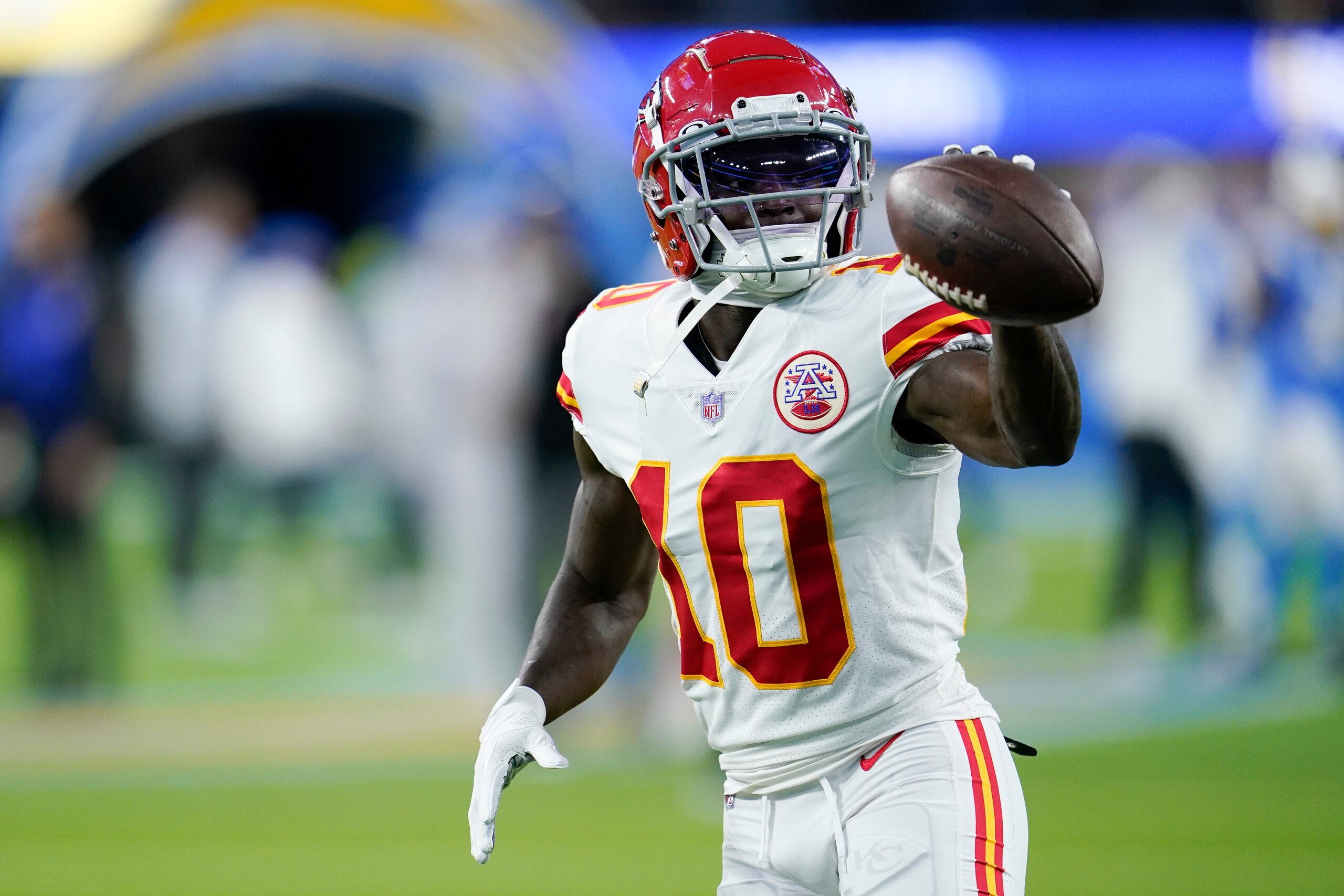 Kansas City Chiefs wide receiver Tyreek Hill warms up before an NFL football game against the Los Angeles Chargers, Thursday, Dec. 16, 2021, in Inglewood, Calif. (AP Photo/Marcio Jose Sanchez)