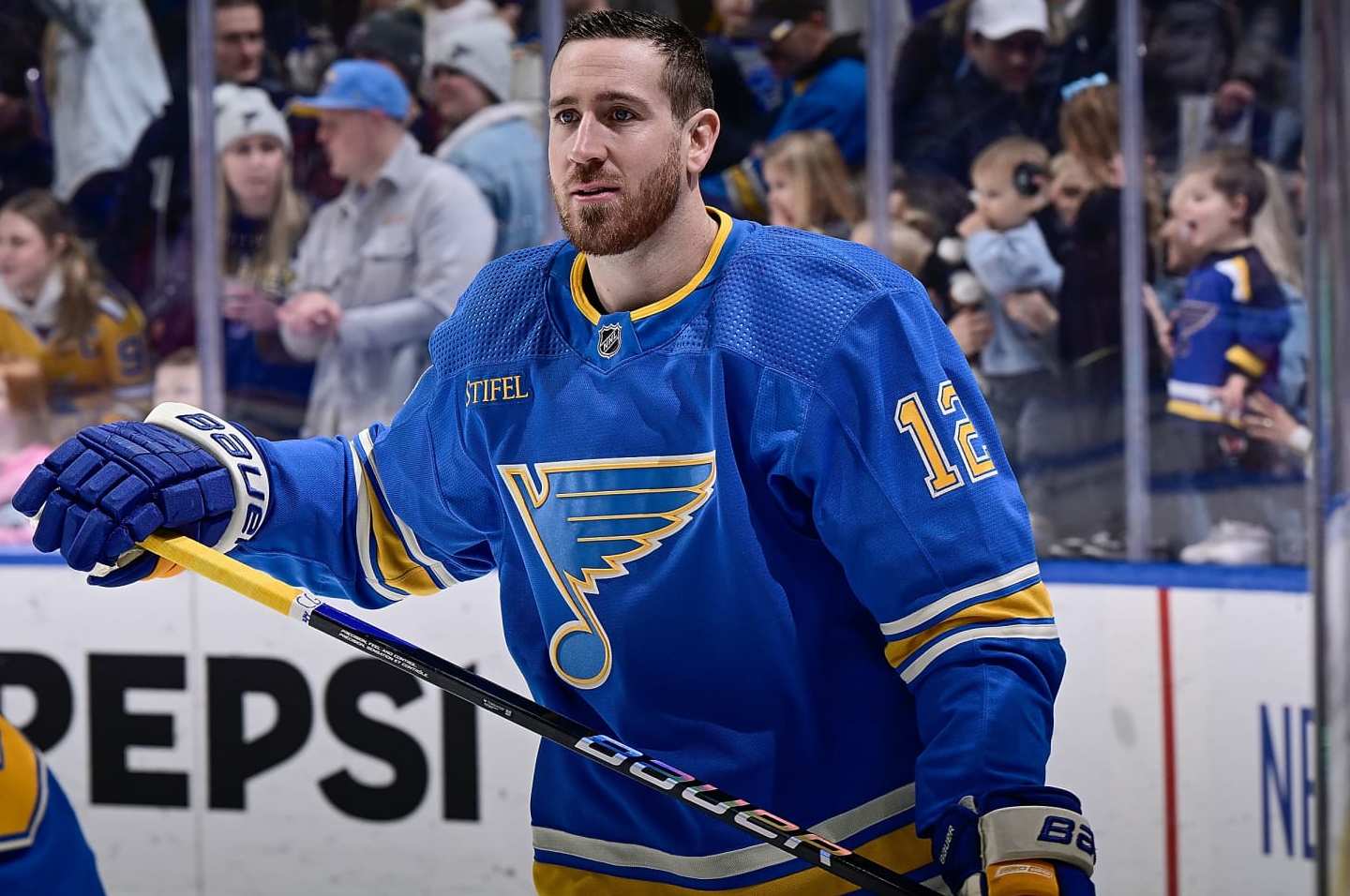 ST. LOUIS, MO - JANUARY 13: Kevin Hayes #12 of the St. Louis Blues during warmups against the Boston Bruins on January 13, 2024 at the Enterprise Center in St. Louis, Missouri. (Photo by Scott Rovak/NHLI via Getty Images)