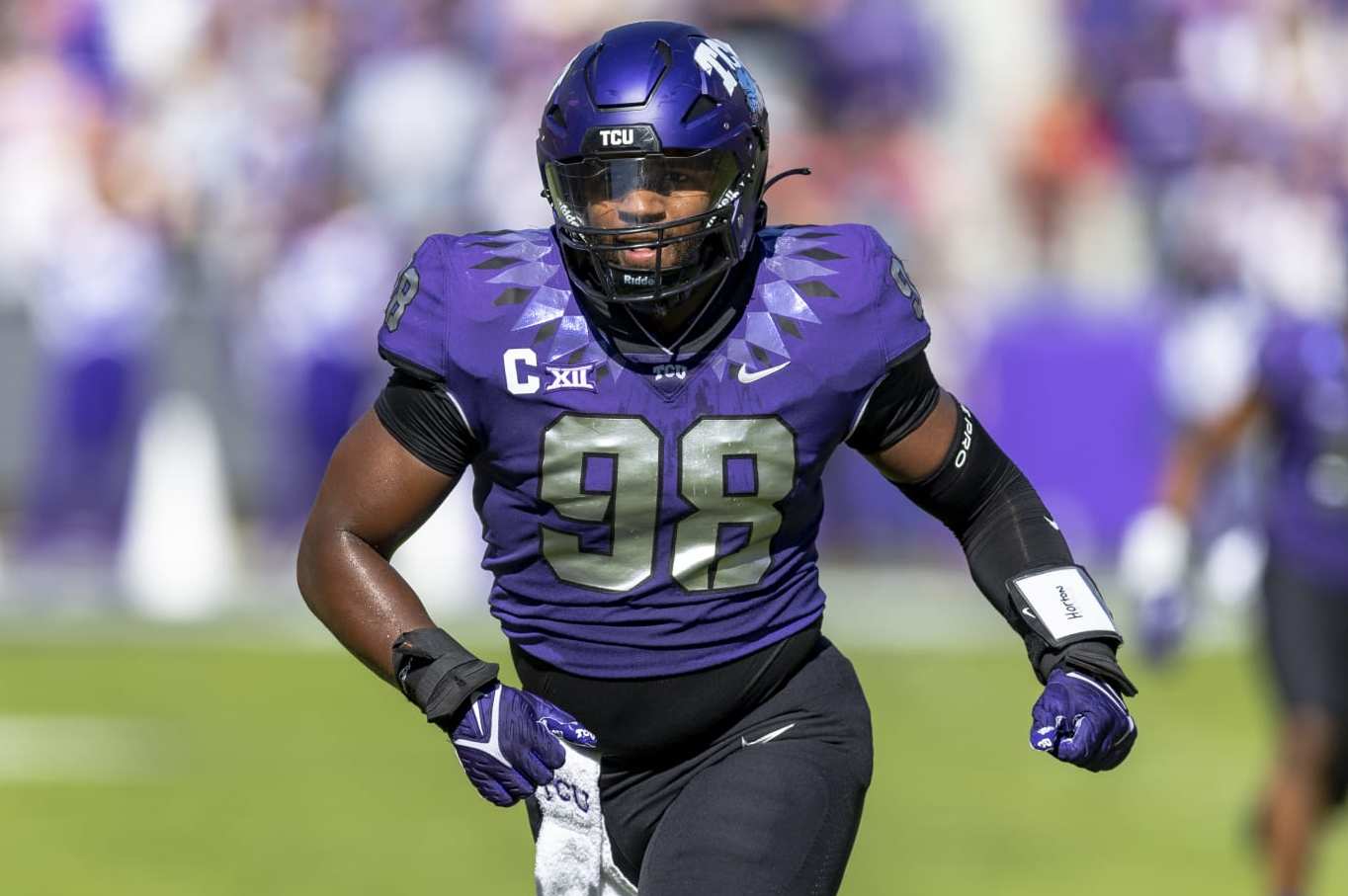 TCU defensive lineman Dylan Horton (98) is seen during an NCAA football game against Texas Tech on Saturday, Nov. 5, 2022, in Fort Worth, Texas. TCU won 34-24. (AP Photo/Brandon Wade)