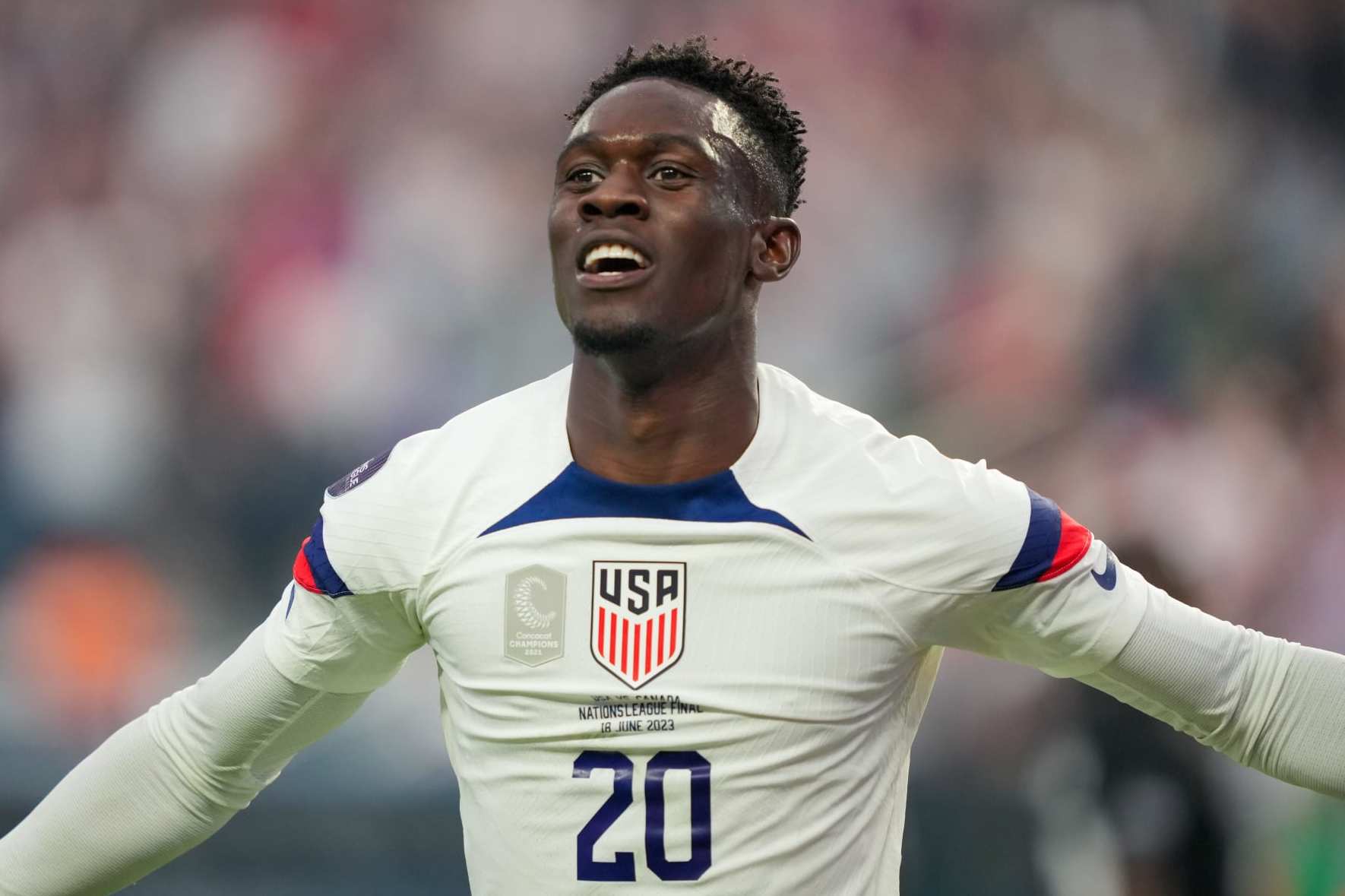 LAS VEGAS, NEVADA - JUNE 18: Folarin Balogun #20 of the United States celebrates scoring during the during the first half of the 2023 CONCACAF Nations League Final against Canada at Allegiant Stadium on June 18, 2023 in Las Vegas, Nevada. (Photo by John Todd/USSF/Getty Images for USSF)