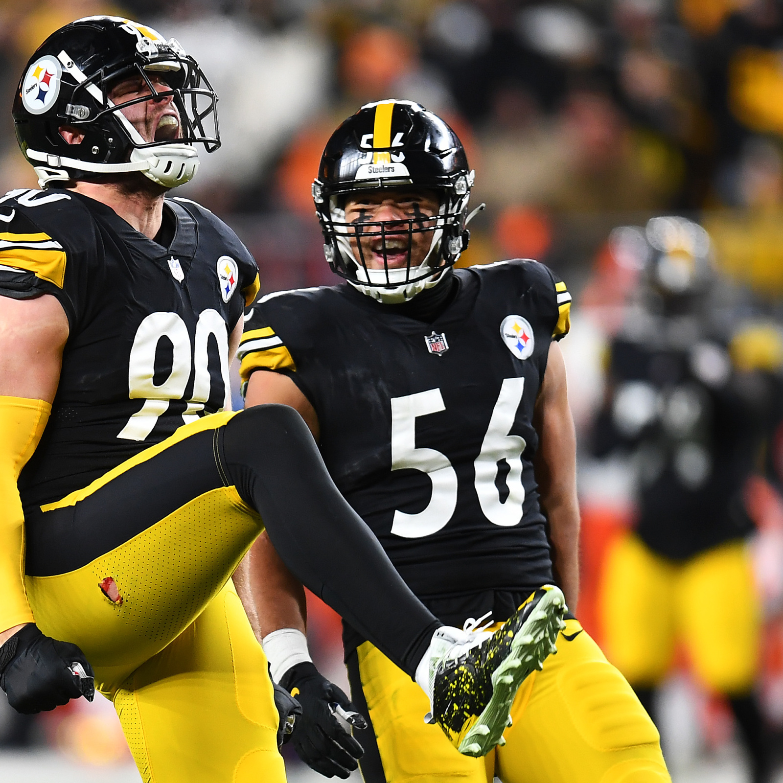 Pittsburgh Steelers quarterback Ben Roethlisberger (7) gets together with  Houston Texans defensive end J.J. Watt (99), and his brothers Steelers  fullback Derek Watt (44), and Steelers outside linebacker T.J. Watt (90)  following