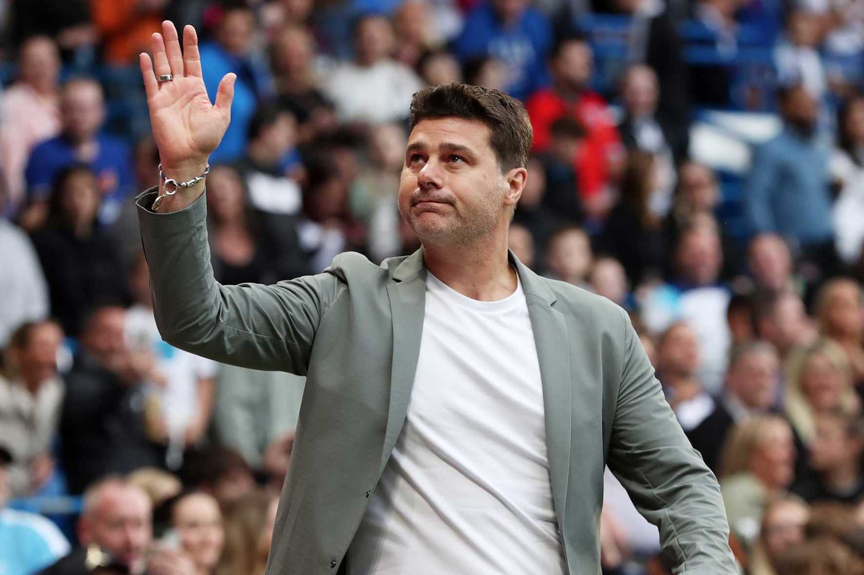 LONDON, ENGLAND - JUNE 09: Mauricio Pochettino, Manager of World XI acknowledges the fans prior to Soccer Aid for UNICEF 2024 at Stamford Bridge on June 09, 2024 in London, England. (Photo by Henry Browne/Getty Images)