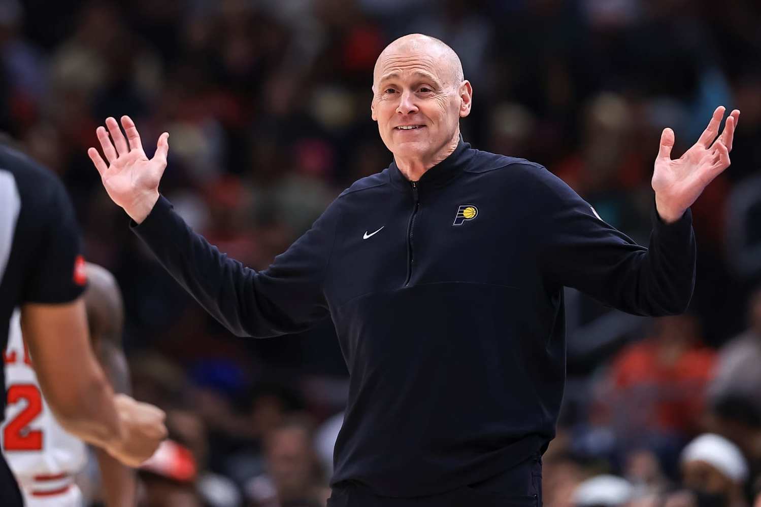 Indiana Pacers' head coach Rick Carlisle questions the referee during the NBA regular season game between Indiana Pacers and Chicago Bulls in Chicago, the United States, March 27, 2024. (Photo by Joel Lerner/Xinhua via Getty Images)
