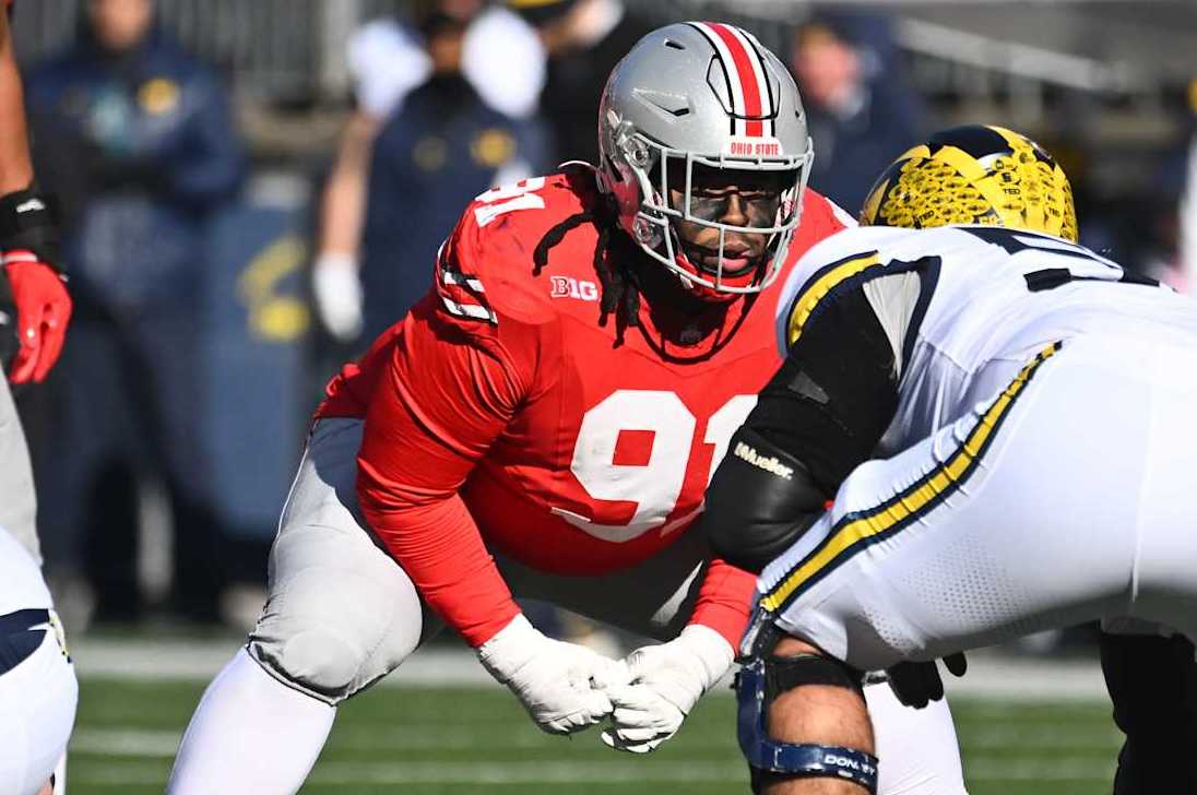 COLUMBUS, OHIO - NOVEMBER 30: Tyleik Williams #91 of the Ohio State Buckeyes lines up prior to a play during the second quarter of a game against the Michigan Wolverines at Ohio Stadium on November 30, 2024 in Columbus, Ohio. (Photo by Ben Jackson/Getty Images)