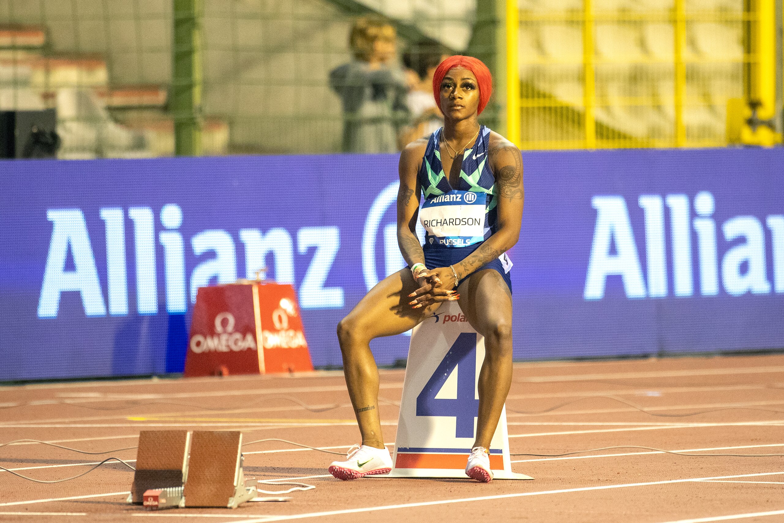 BRUSSELS, BELGIUM:  September 3:   Sha'Carri Richardson of the United States before the start of the  200m for women race during the Wanda Diamond League 2021 Memorial Van Damme Athletics competition at King Baudouin Stadium on September 3, 2021 in  Brussels, Belgium. (Photo by Tim Clayton/Corbis via Getty Images)