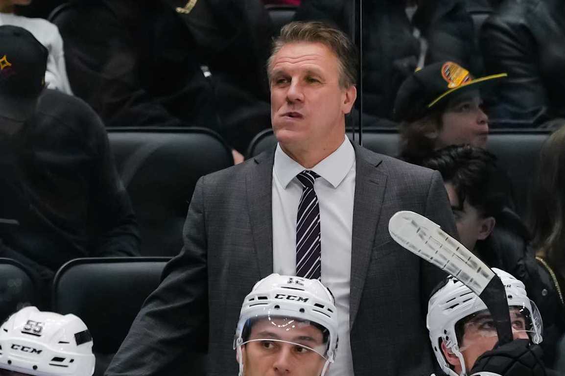 VANCOUVER, CANADA - JANUARY 16: Los Angeles Kings head coach Jim Hiller looks on during the first period of their NHL game against the Vancouver Canucks at Rogers Arena on January 16, 2025 in Vancouver, British Columbia, Canada. (Photo by Derek Cain/Getty Images)