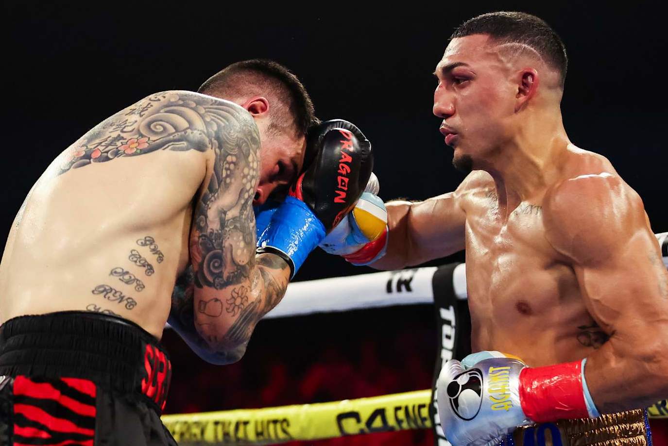 MIAMI, FLORIDA - JUNE 29: Teofimo Lopez punches Steve Claggett during the WBO and Ring Magazine Junior Welterweight World Title bout at James L. Knight Center on June 29, 2024 in Miami, Florida. (Photo by Kelly Gavin/Getty Images)