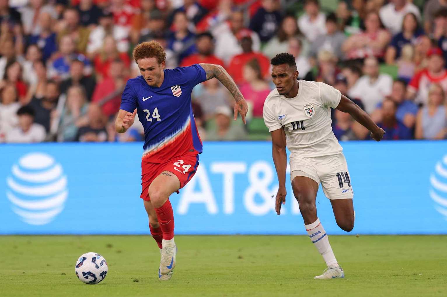 AUSTIN, TEXAS - OCTOBER 12: Josh Sargent #24 of the United States is defended by Jiovany Ramos #14 of Panama during the second half at Q2 Stadium on October 12, 2024 in Austin, Texas. (Photo by John Dorton/ISI Photos/USSF/Getty Images)