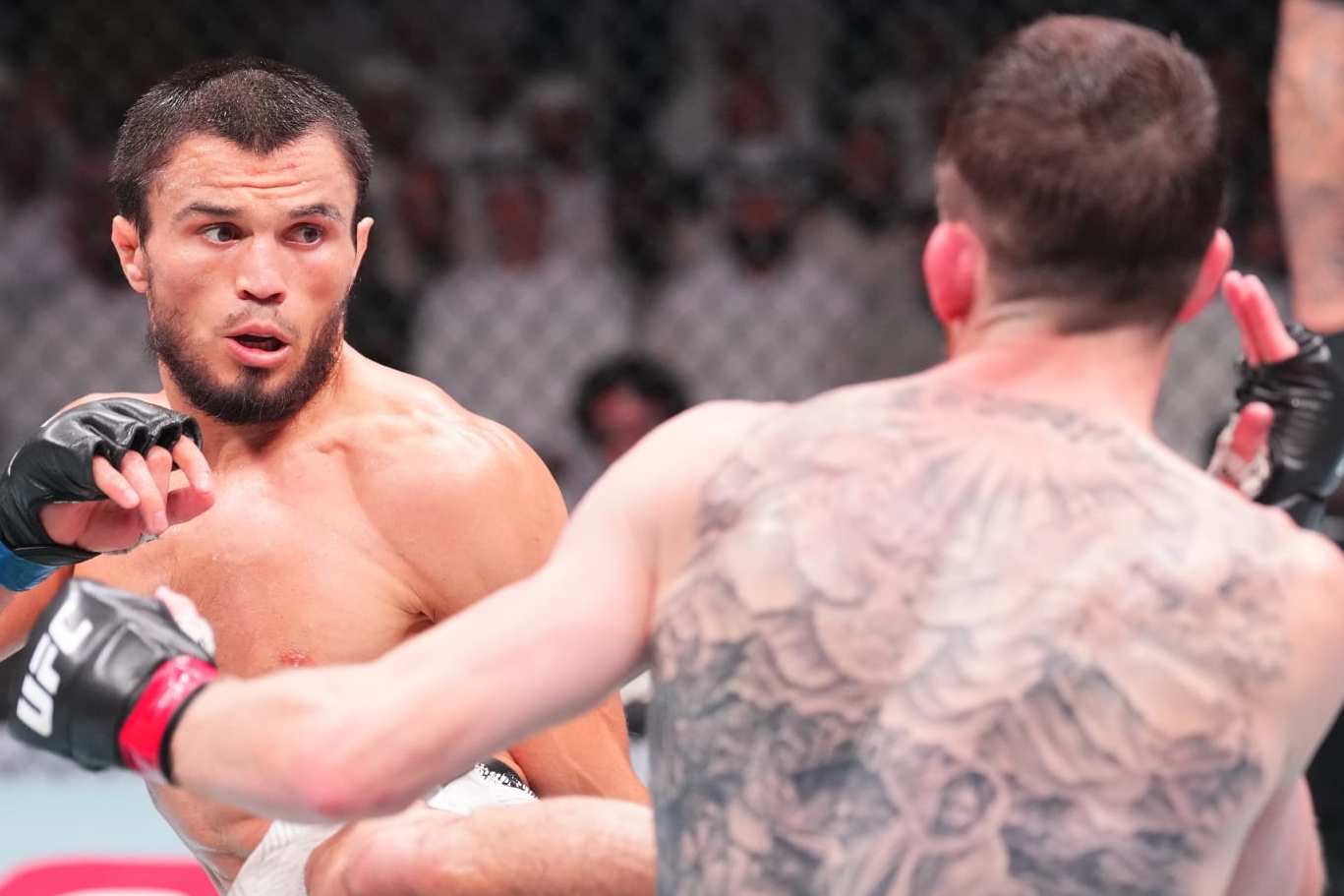 ABU DHABI, UNITED ARAB EMIRATES - AUGUST 03: (L-R) Umar Nurmagomedov of Russia kicks Cory Sandhagen in a bantamweight fight during the UFC Fight Night event at Etihad Arena on August 03, 2024 in Abu Dhabi, United Arab Emirates. (Photo by Josh Hedges/Zuffa LLC via Getty Images)