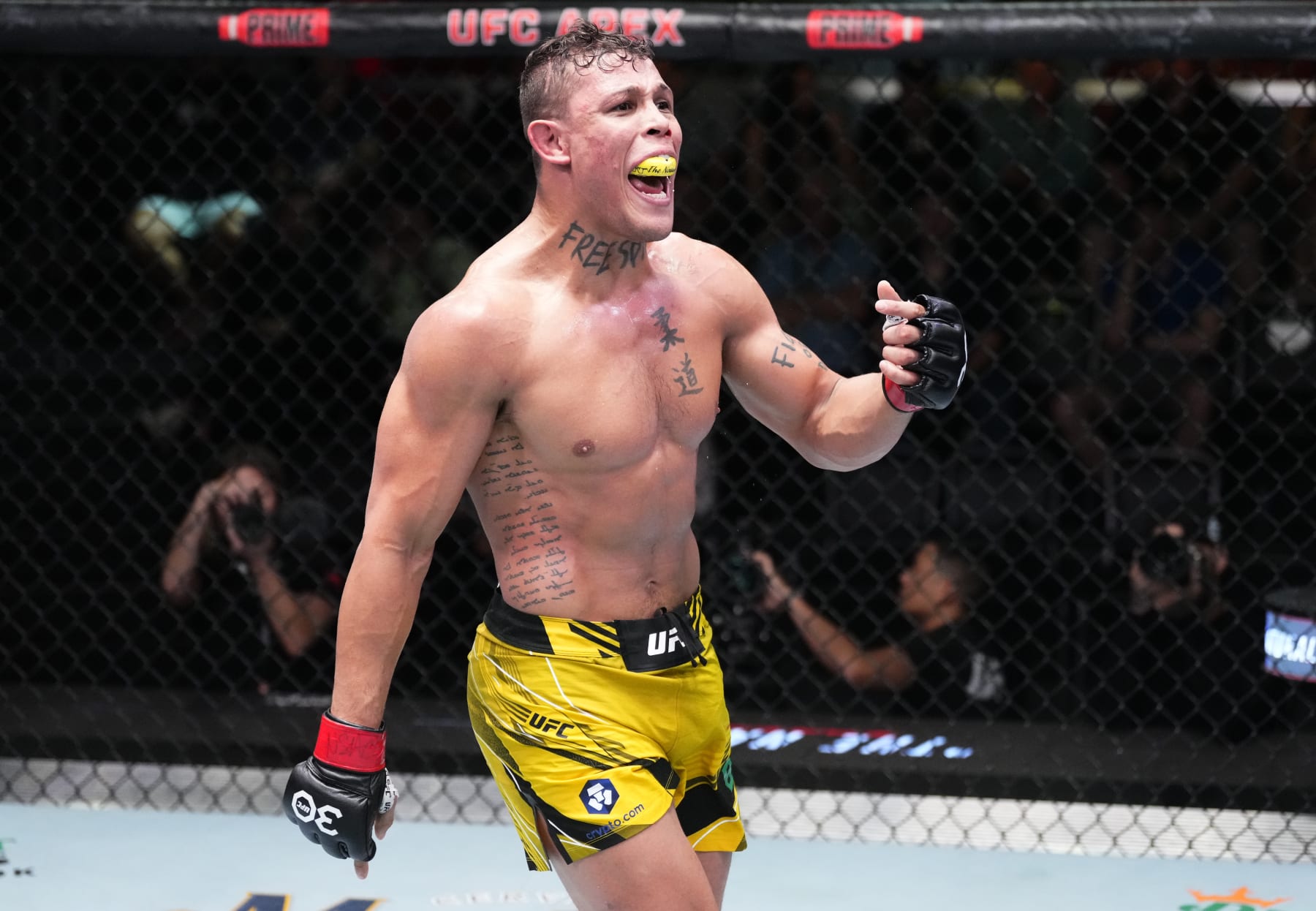 LAS VEGAS, NEVADA - APRIL 29: Caio Borralho of Brazil reacts after his submission victory over Michal Oleksiejczuk of Poland in a middleweight fight during the UFC Fight Night event at UFC APEX on April 29, 2023 in Las Vegas, Nevada. (Photo by Jeff Bottari/Zuffa LLC via Getty Images)
