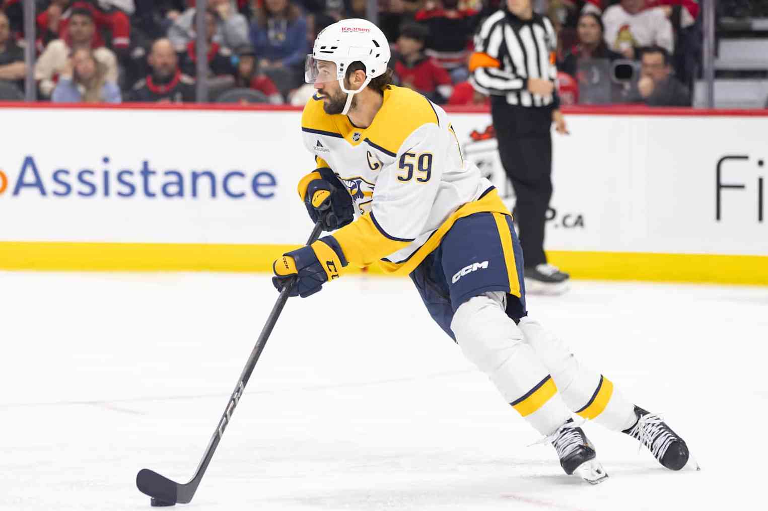 OTTAWA, ON - DECEMBER 07: Nashville Predators Defenceman Roman Josi (59) skates with the puck during third period National Hockey League action between the Nashville Predators and Ottawa Senators on December 7, 2024, at Canadian Tire Centre in Ottawa, ON, Canada. (Photo by Richard A. Whittaker/Icon Sportswire via Getty Images)