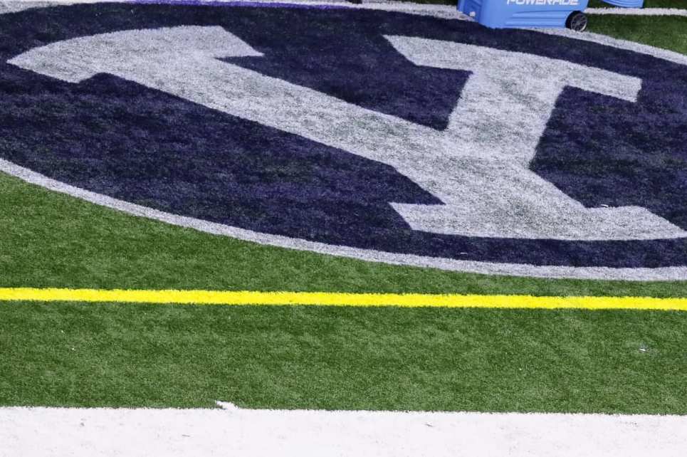 NEW ORLEANS, LA - SEPTEMBER 02: Brigham Young Cougars logo on the sidelines during the AdvoCare Texas Kickoff - BYU v LSU on SEP 02, 2017 at Mercedes-Benz Superdome in New Orleans, LA.  LSU Tigers won 27-0.  (Photo by Leslie Plaza Johnson/Icon Sportswire via Getty Images)