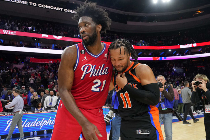 PHILADELPHIA, PA - FEBRUARY 10: Jalen Brunson #11 of the New York Knicks talks with Joel Embiid #21 of the Philadelphia 76ers after the game on February 10, 2023 at the Wells Fargo Center in Philadelphia, Pennsylvania NOTE TO USER: User expressly acknowledges and agrees that, by downloading and/or using this Photograph, user is consenting to the terms and conditions of the Getty Images License Agreement. Mandatory Copyright Notice: Copyright 2023 NBAE (Photo by Jesse D. Garrabrant/NBAE via Getty Images)