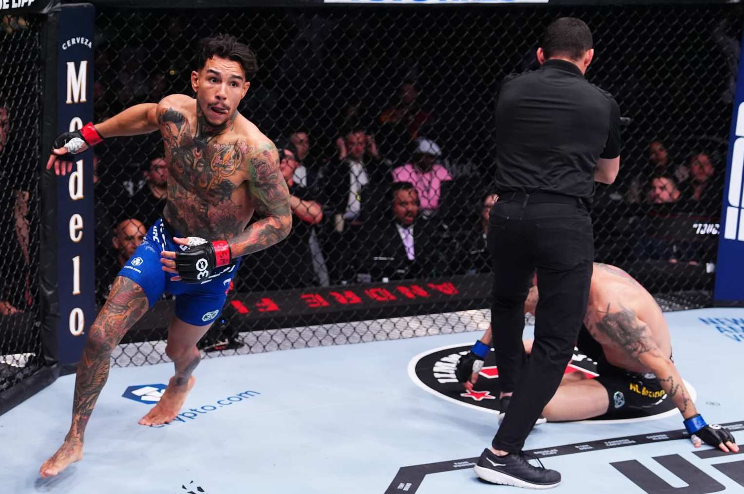 LAS VEGAS, NEVADA - DECEMBER 16: Andre Fili reacts to his win in a featherweight fight during the UFC 296 event at T-Mobile Arena on December 16, 2023 in Las Vegas, Nevada. (Photo by Jeff Bottari/Zuffa LLC via Getty Images)