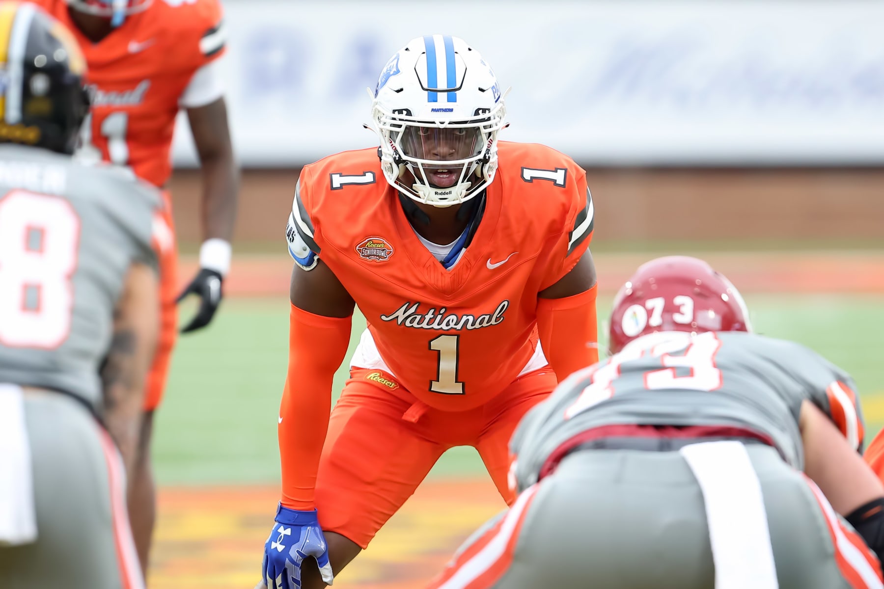 MOBILE, AL - FEBRUARY 03: National linebacker Jontrey Hunter of Georgia State (1) during the 2024 Reese's Senior Bowl on February 3, 2024 at Hancock Whitney Stadium in Mobile, Alabama. (Photo by Michael Wade/Icon Sportswire via Getty Images)