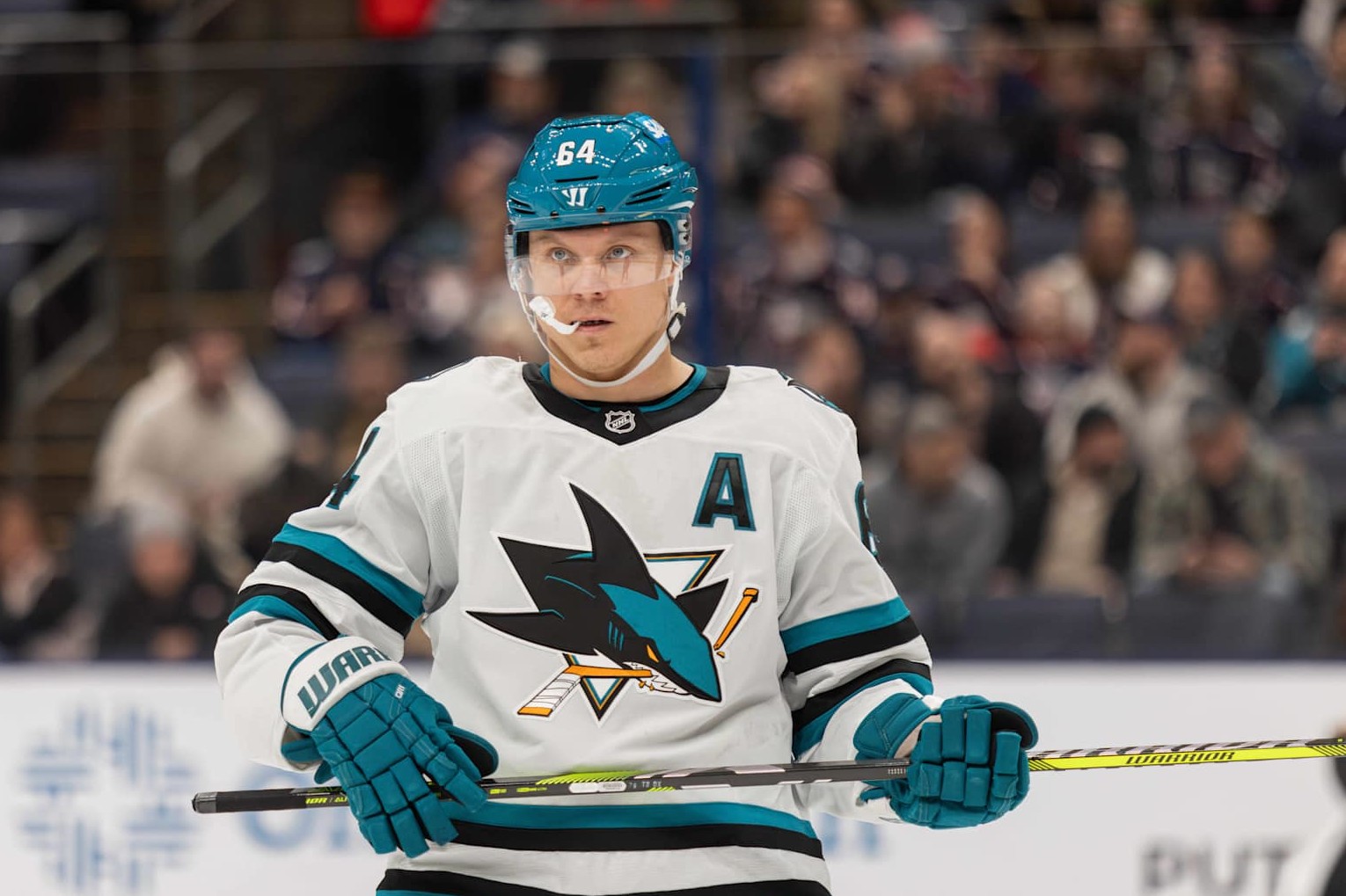 COLUMBUS, OH - JANUARY 16: San Jose Sharks Center Mikael Granlund (64) skates on the ice in the third period as the San Jose Sharks take on the Columbus Blue Jackets on January 16, 2025 at Nationwide Arena in Columbus, OH. (Photo by Michael Brown/Icon Sportswire via Getty Images)
