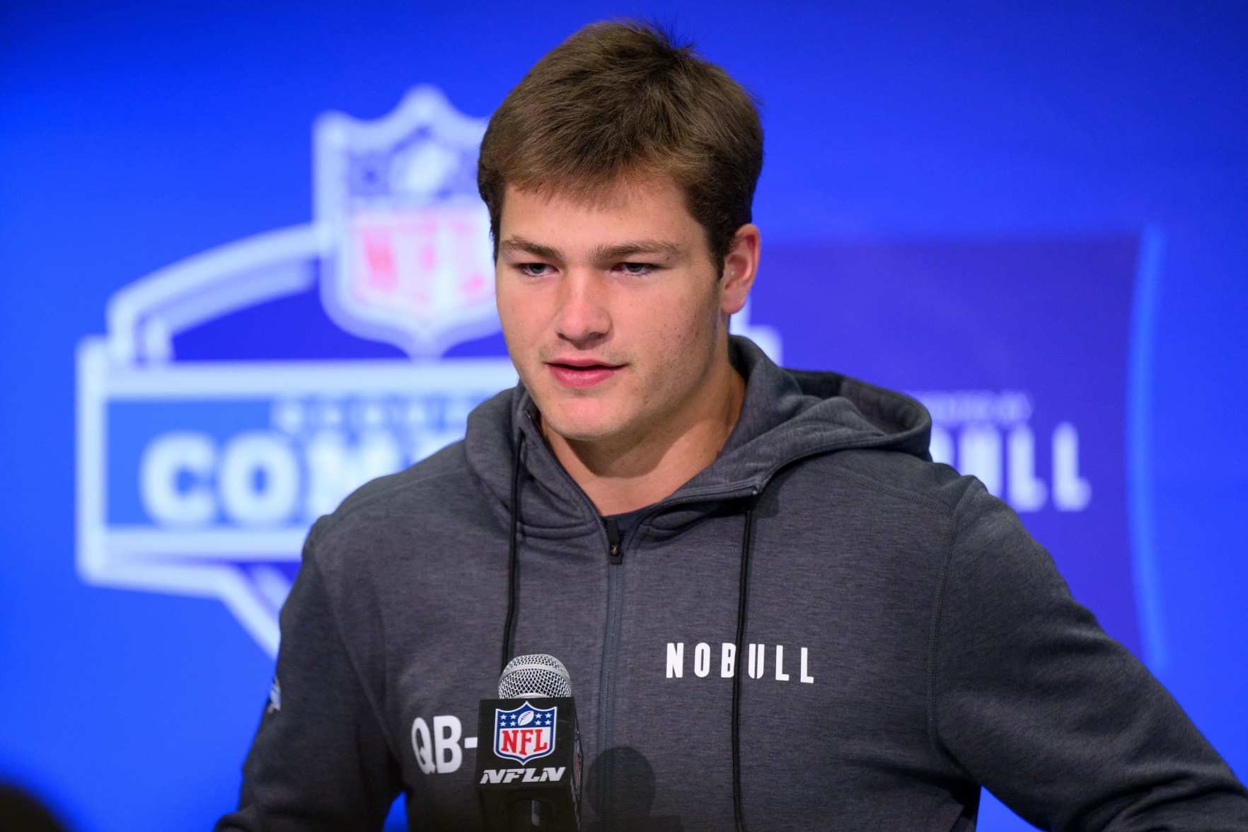 INDIANAPOLIS, IN - MARCH 01: North Carolina quarterback Drake Maye answers questions from the media during the NFL Scouting Combine on March 1, 2024, at the Indiana Convention Center in Indianapolis, IN. (Photo by Zach Bolinger/Icon Sportswire via Getty Images)