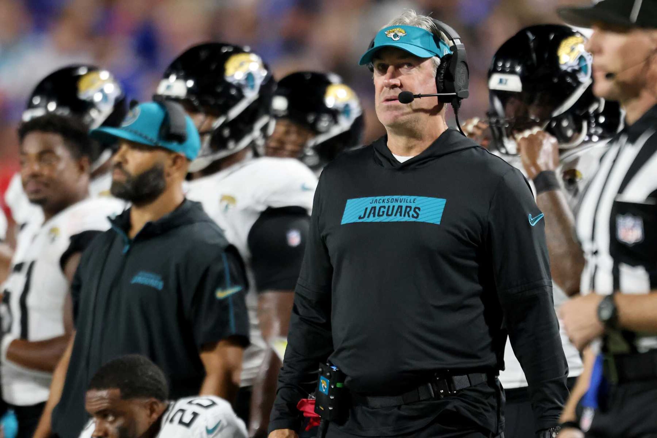 ORCHARD PARK, NEW YORK - SEPTEMBER 23: Head Coach Doug Pederson of the Jacksonville Jaguars looks on during the first quarter against the Buffalo Bills at Highmark Stadium on September 23, 2024 in Orchard Park, New York. (Photo by Bryan Bennett/Getty Images)
