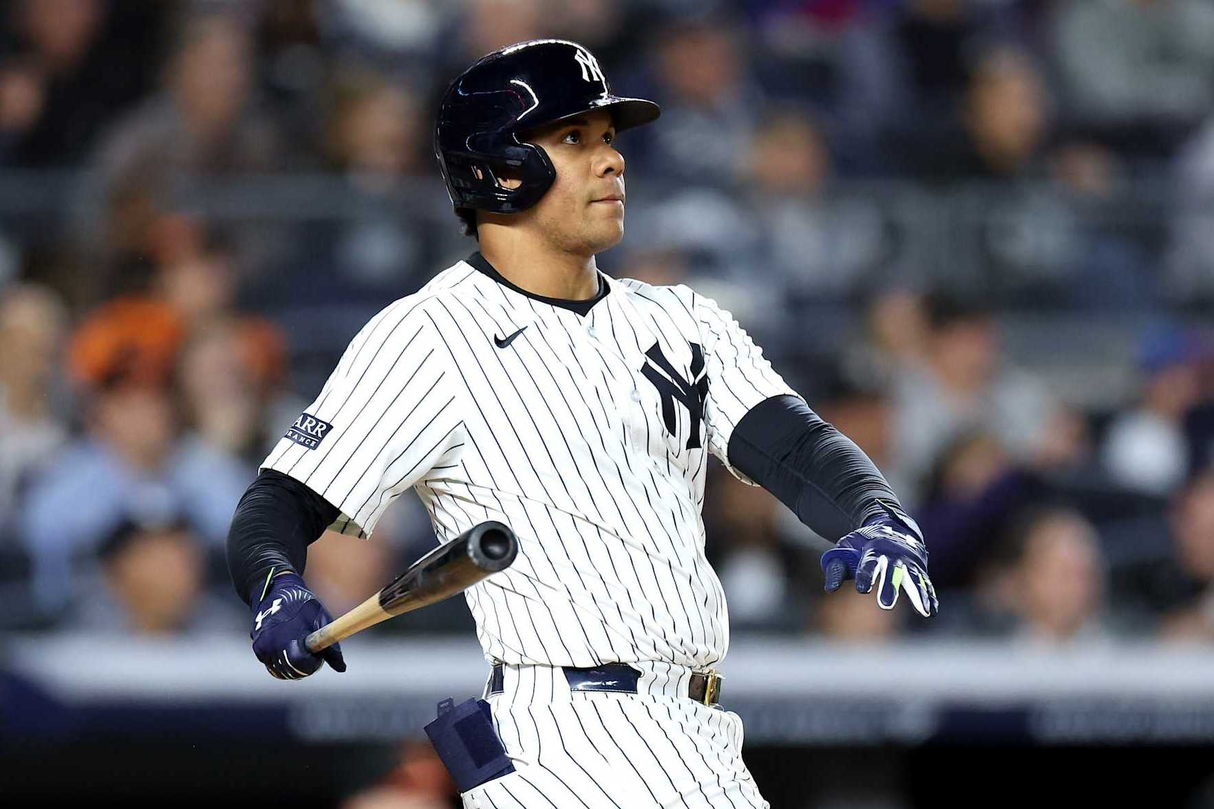 NEW YORK, NEW YORK - SEPTEMBER 25: Juan Soto #22 of the New York Yankees reacts after a two-run home run against the Baltimore Orioles during the fifth inning at Yankee Stadium on September 25, 2024 in the Bronx borough of New York City. (Photo by Luke Hales/Getty Images)