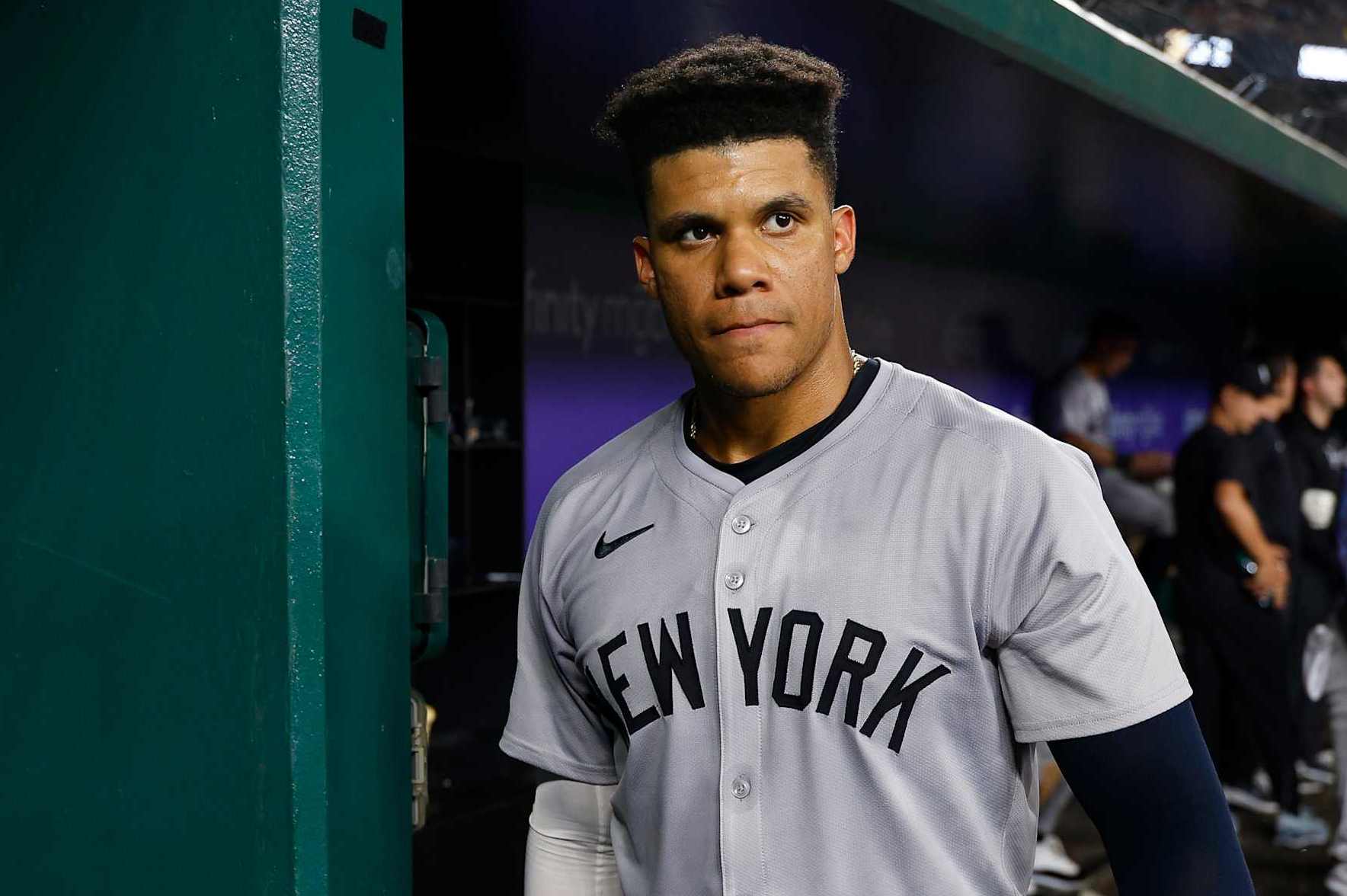 WASHINGTON, DC - AUGUST 28: Juan Soto #22 of the New York Yankees in the dugout in the fifth inning during a game against the Washington Nationals at Nationals Park on August 28, 2024 in Washington, DC. (Photo by Brandon Sloter/Image Of Sport/Getty Images)