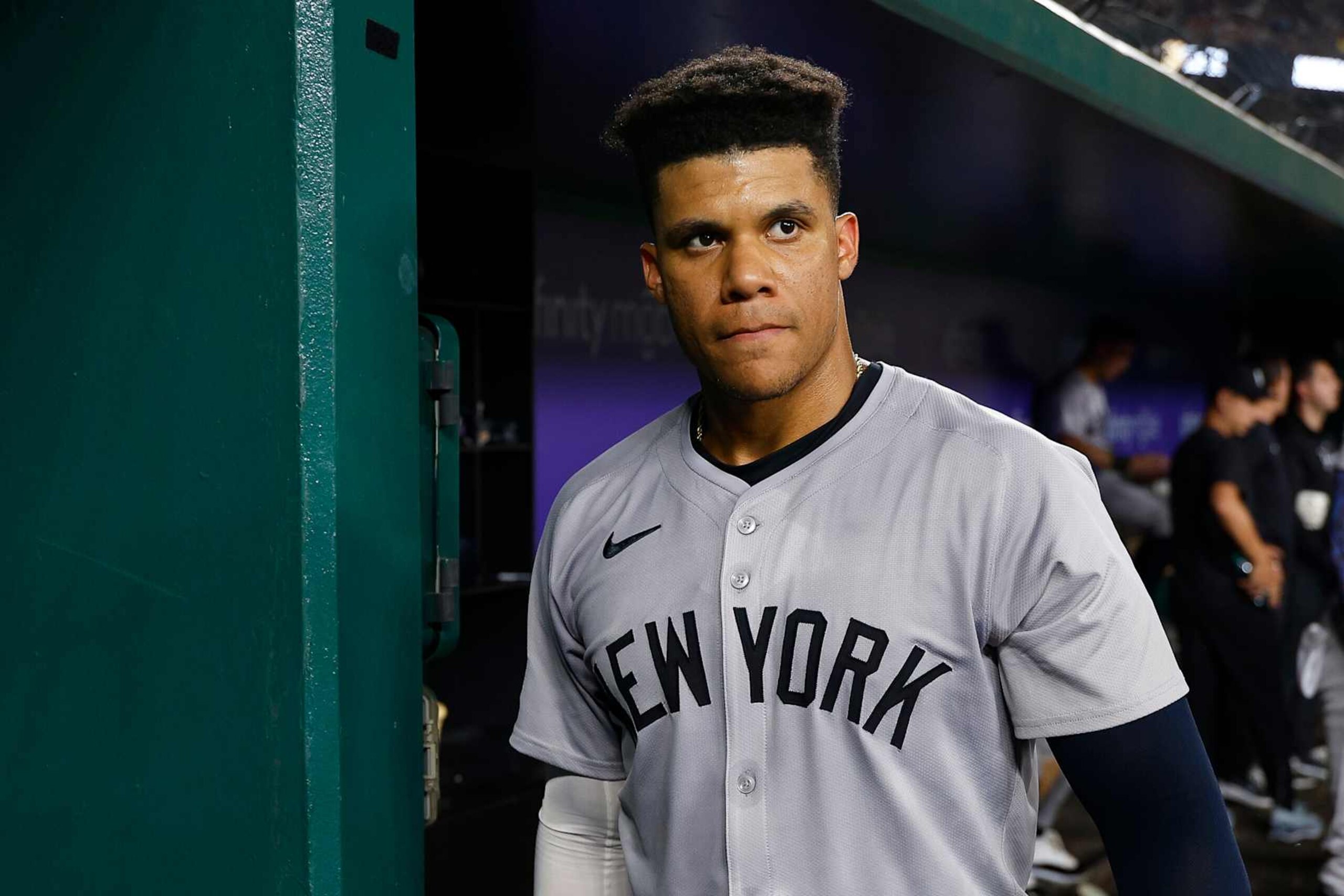 WASHINGTON, DC - AUGUST 28: Juan Soto #22 of the New York Yankees in the dugout in the fifth inning during a game against the Washington Nationals at Nationals Park on August 28, 2024 in Washington, DC. (Photo by Brandon Sloter/Image Of Sport/Getty Images)