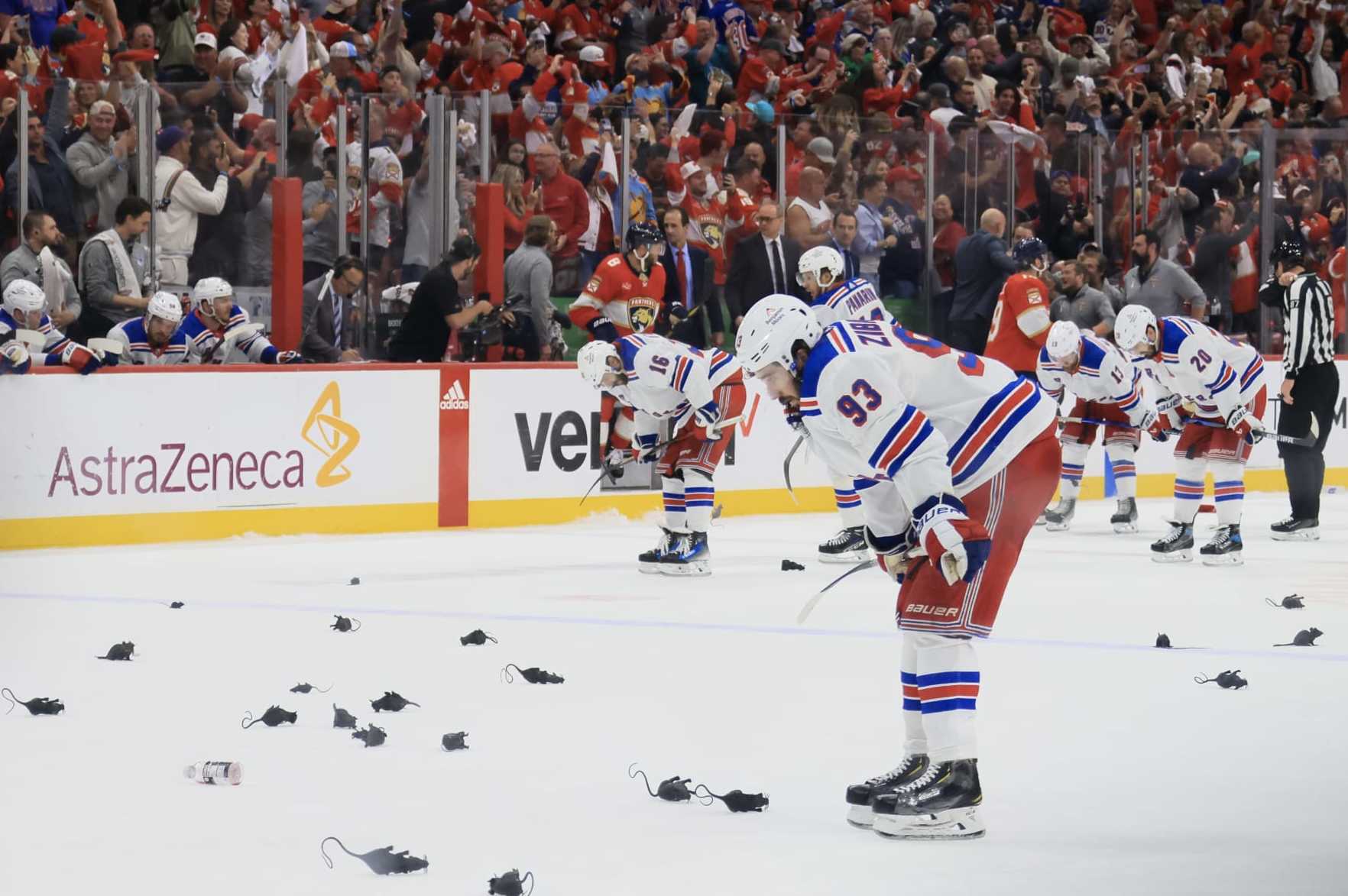 SUNRISE, FLORIDA - JUNE 01: Mika Zibanejad #93 of the New York Rangers reacts with teammates after being defeated by the Florida Panthers in Game Six of the Eastern Conference Final of the 2024 Stanley Cup Playoffs at Amerant Bank Arena on June 01, 2024 in Sunrise, Florida. (Photo by Bruce Bennett/Getty Images)