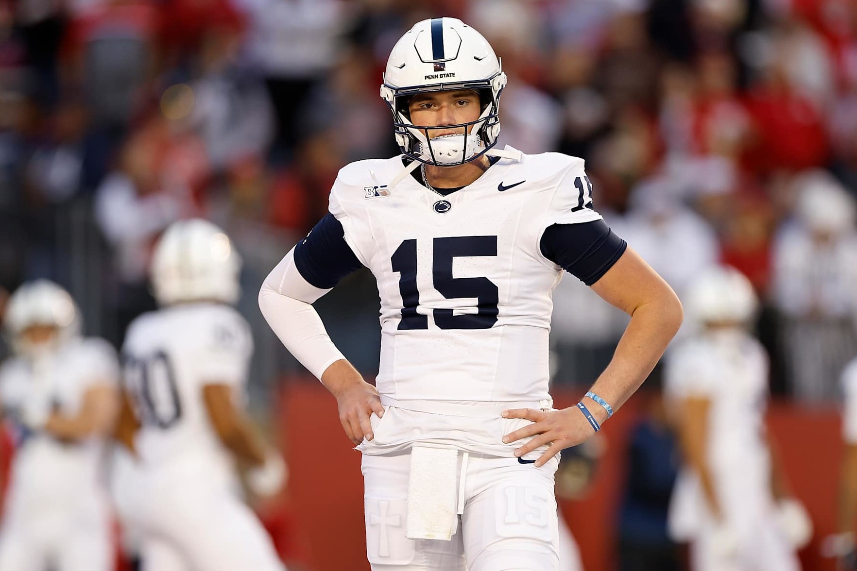 MADISON, WISCONSIN - OCTOBER 26: Drew Allar #15 of the Penn State Nittany Lions warms up before the game against the Wisconsin Badgers at Camp Randall Stadium on October 26, 2024 in Madison, Wisconsin. (Photo by John Fisher/Getty Images)