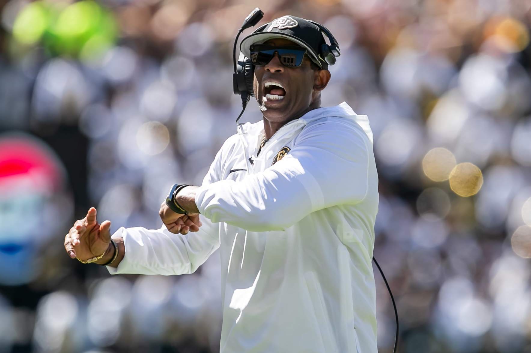 BOULDER, CO - SEPTEMBER 09: Colorado head coach Deion Sanders directs his players during the home opener game between the Colorado Buffaloes and the the Nebraska Cornhuskers on Saturday, September 9, 2023 at Folsom Field in Boulder, CO. (Photo by Nick Tre. Smith/Icon Sportswire via Getty Images)