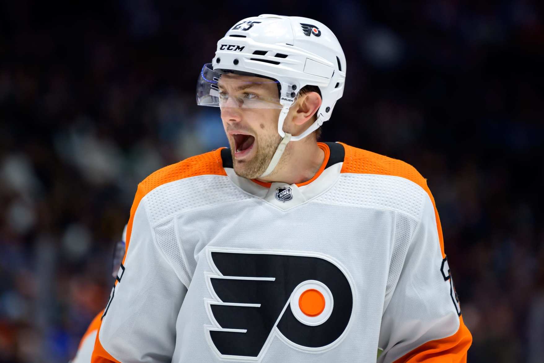 VANCOUVER, CANADA - FEBRUARY 18: James van Riemsdyk #25 of the Philadelphia Flyers waits for a face-off during the second period of their NHL game against the Vancouver Canucks at Rogers Arena on February 18, 2023 in Vancouver, British Columbia, Canada. (Photo by Derek Cain/Getty Images)