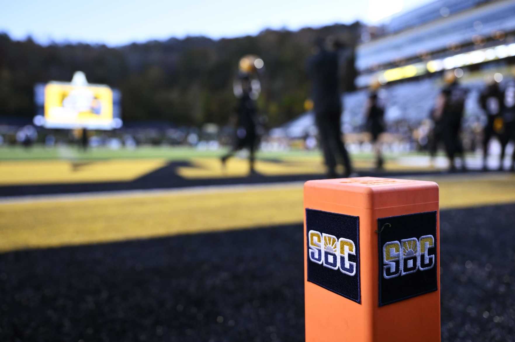 BOONE, NORTH CAROLINA - OCTOBER 19: The Sun Belt Conference logo is seen on an Appalachian State Mountaineers pylon before the game against the Georgia State Panthers at Kidd Brewer Stadium on October 19, 2022 in Boone, North Carolina. (Photo by Eakin Howard/Getty Images)