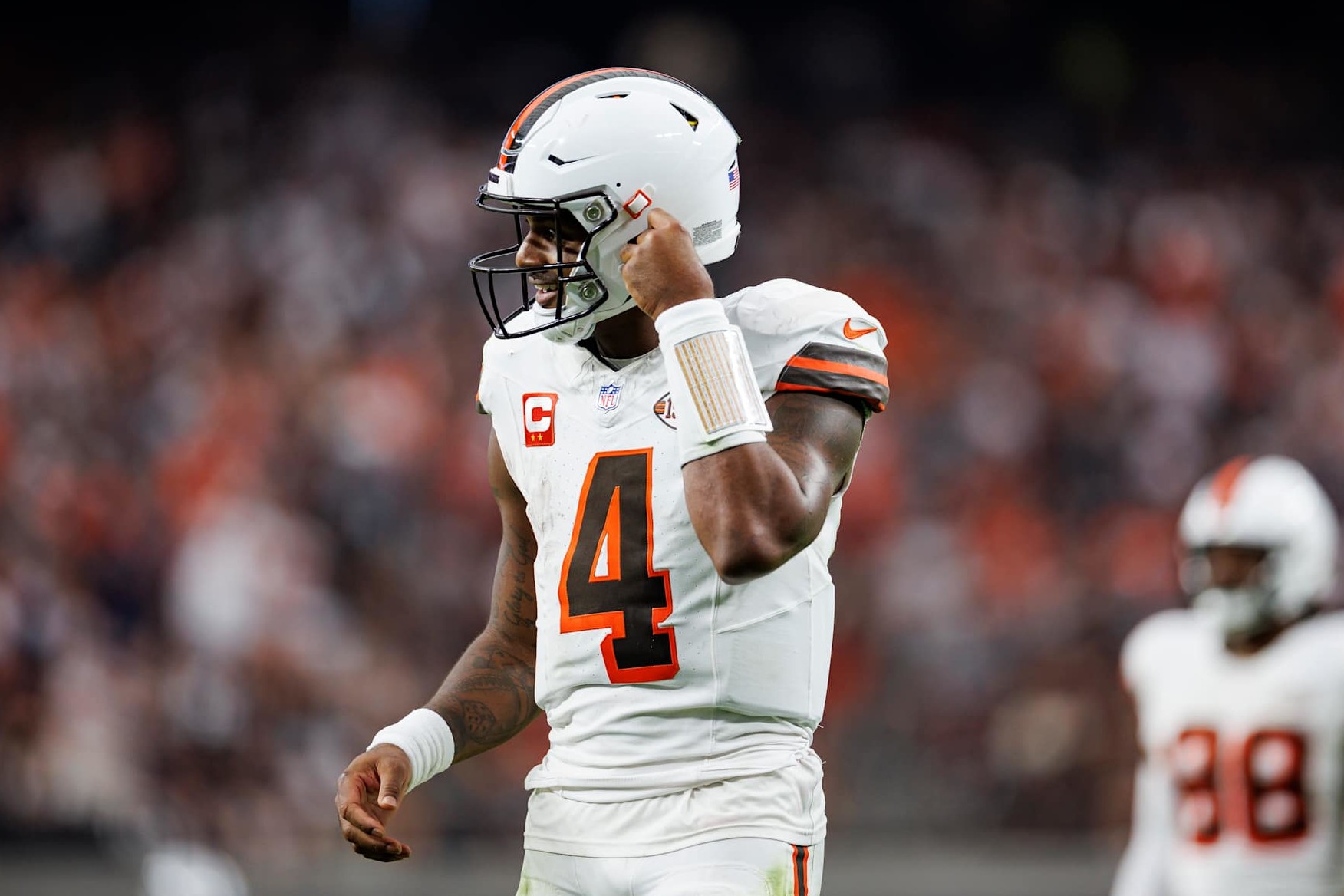 LAS VEGAS, NV - SEPTEMBER 29: Quarterback Deshaun Watson #4 of the Cleveland Browns stands on the field during the fourth quarter of an NFL football game against the Las Vegas Raiders, at Allegiant Stadium on September 29, 2024 in Las Vegas, Nevada. (Photo by Brooke Sutton/Getty Images)